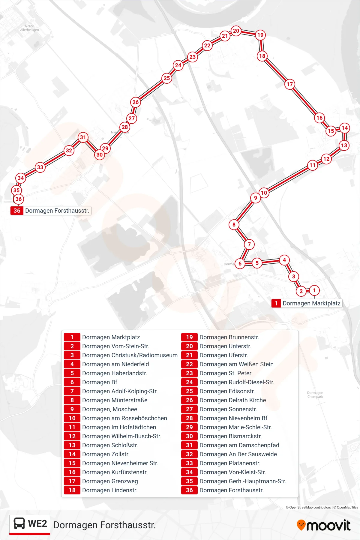 Linie WE2 (Bus) Richtung Dormagen Forsthausstr.: Route und Haltestellen auf der Karte