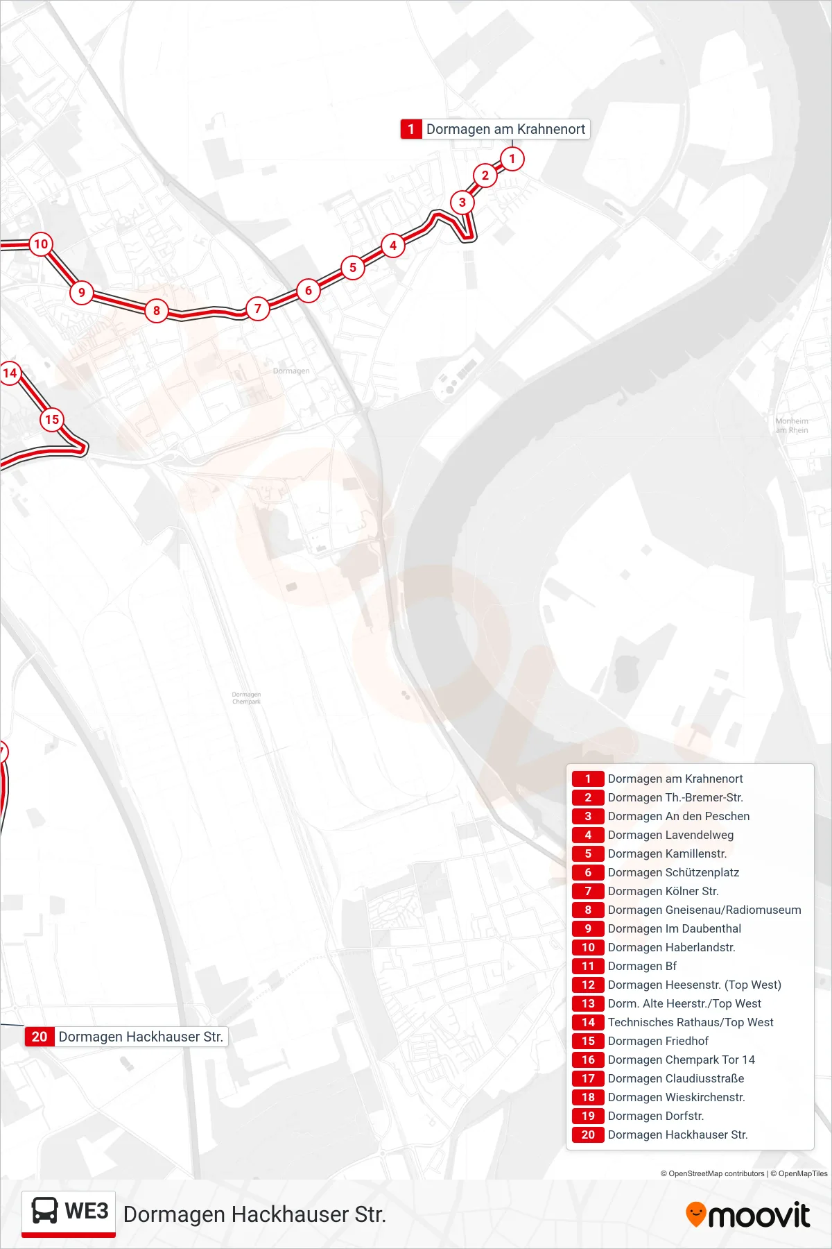 WE3 bus Line (Dormagen Hackhauser Str.) route and stops on a map