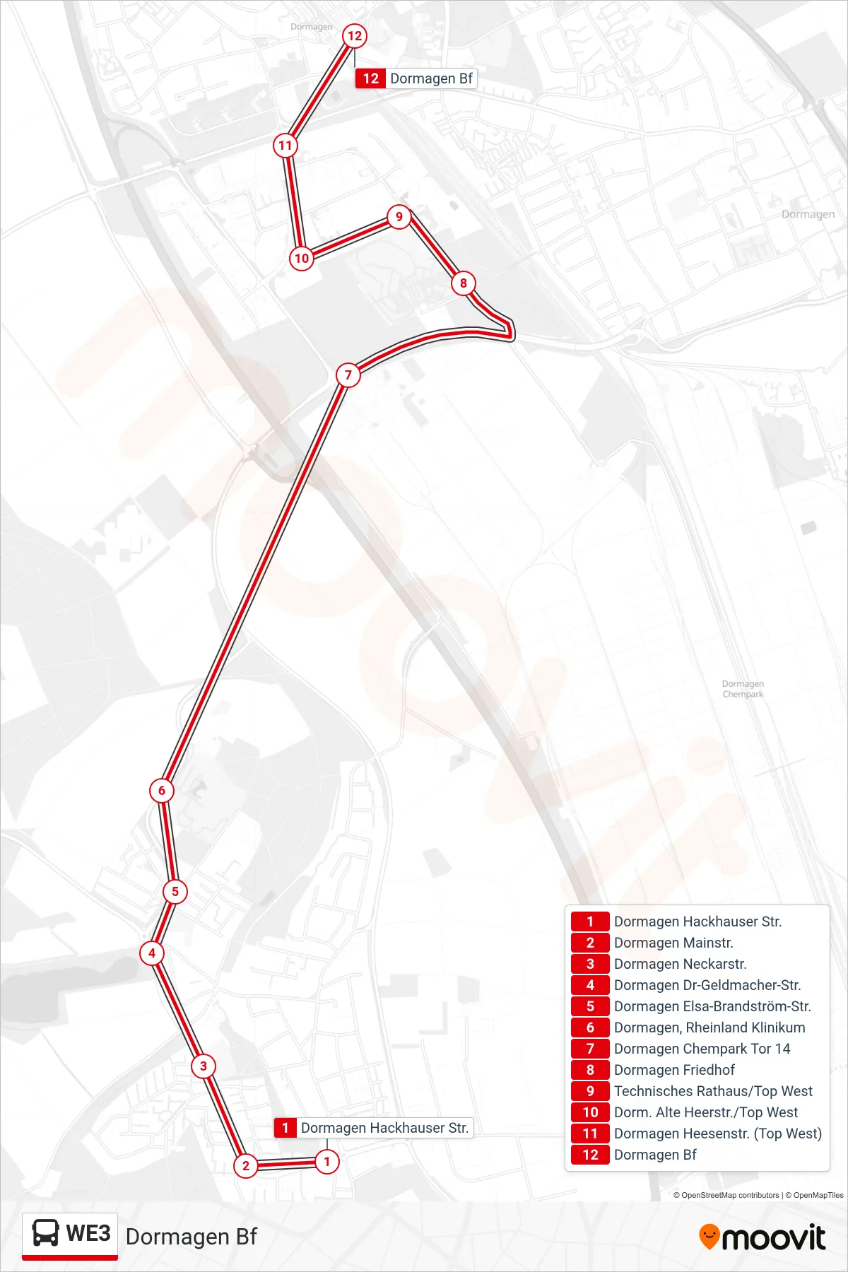 WE3 bus Line (Dormagen Bf) route and stops on a map