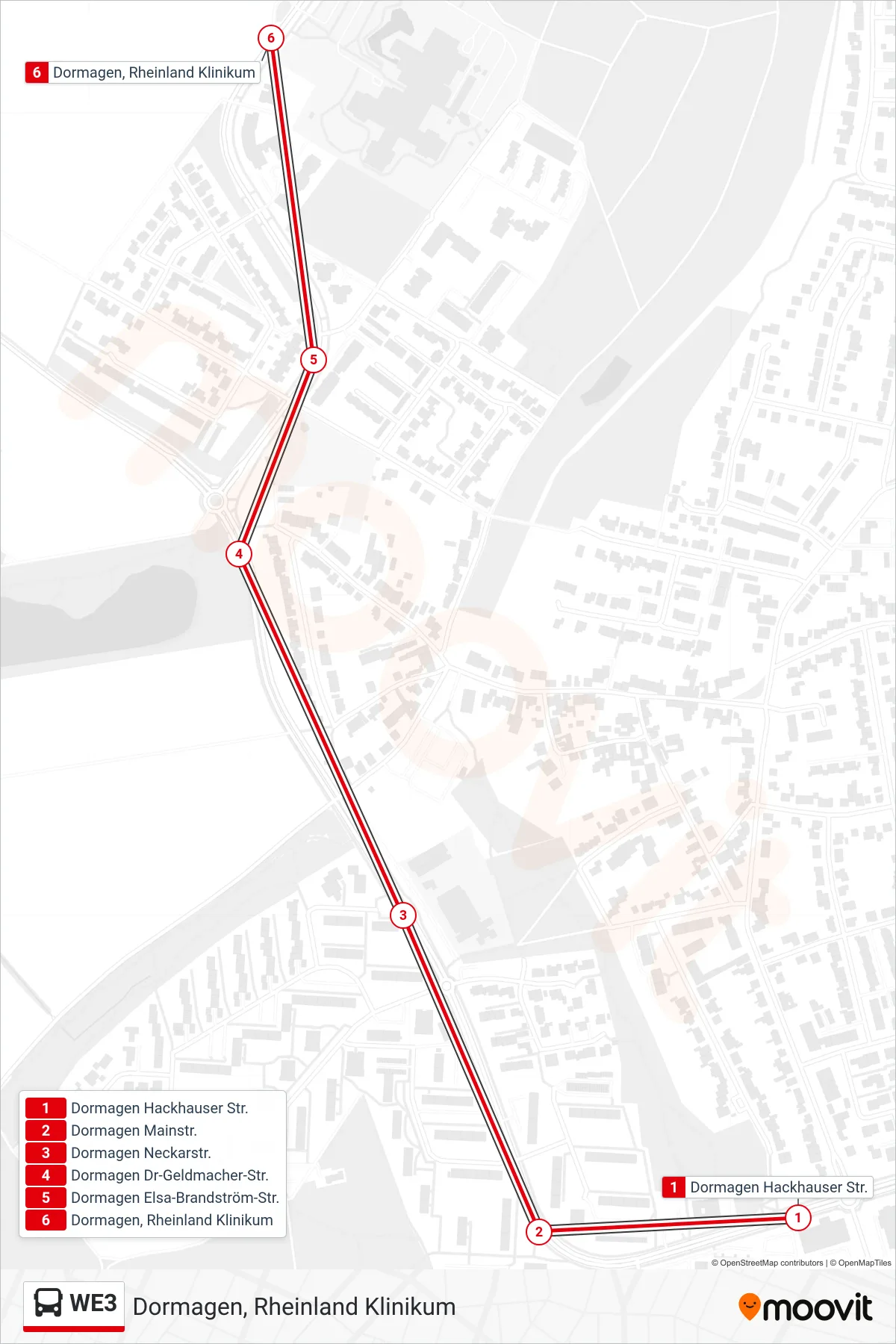 Linie WE3 (Bus) Richtung Dormagen, Rheinland Klinikum: Route und Haltestellen auf der Karte
