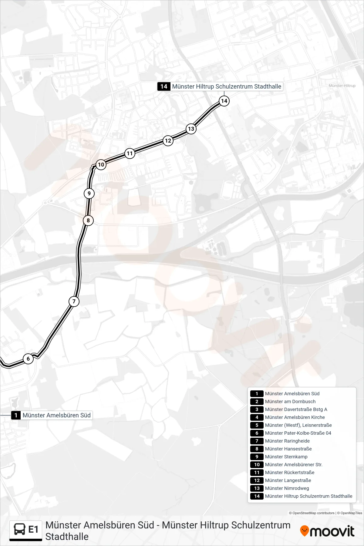 Linie E1 (Bus) Richtung Hiltrup Schulzentrum: Route und Haltestellen auf der Karte