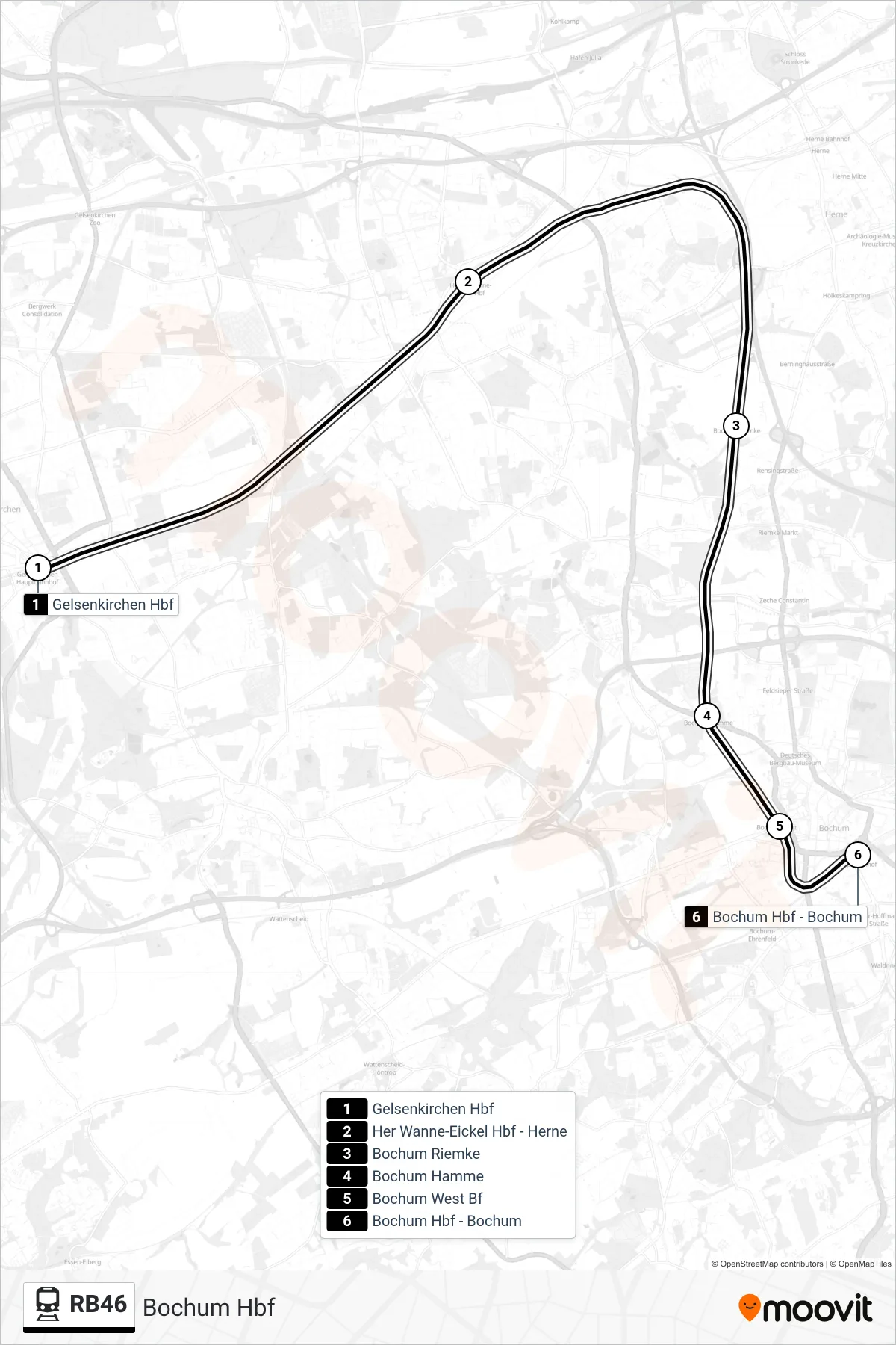 Linie RB46 (Bahn) Richtung Bochum Hbf: Route und Haltestellen auf der Karte