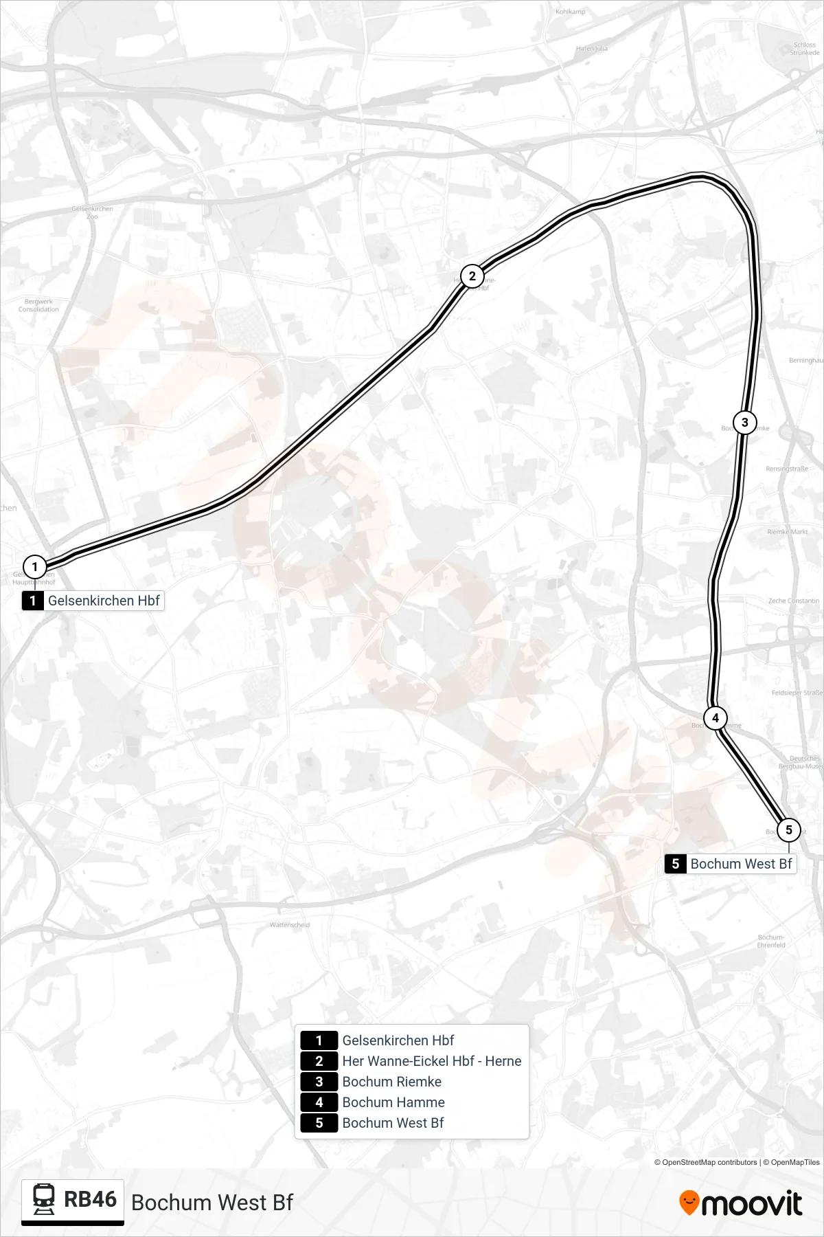 Linie RB46 (Bahn) Richtung Bochum West Bf: Route und Haltestellen auf der Karte