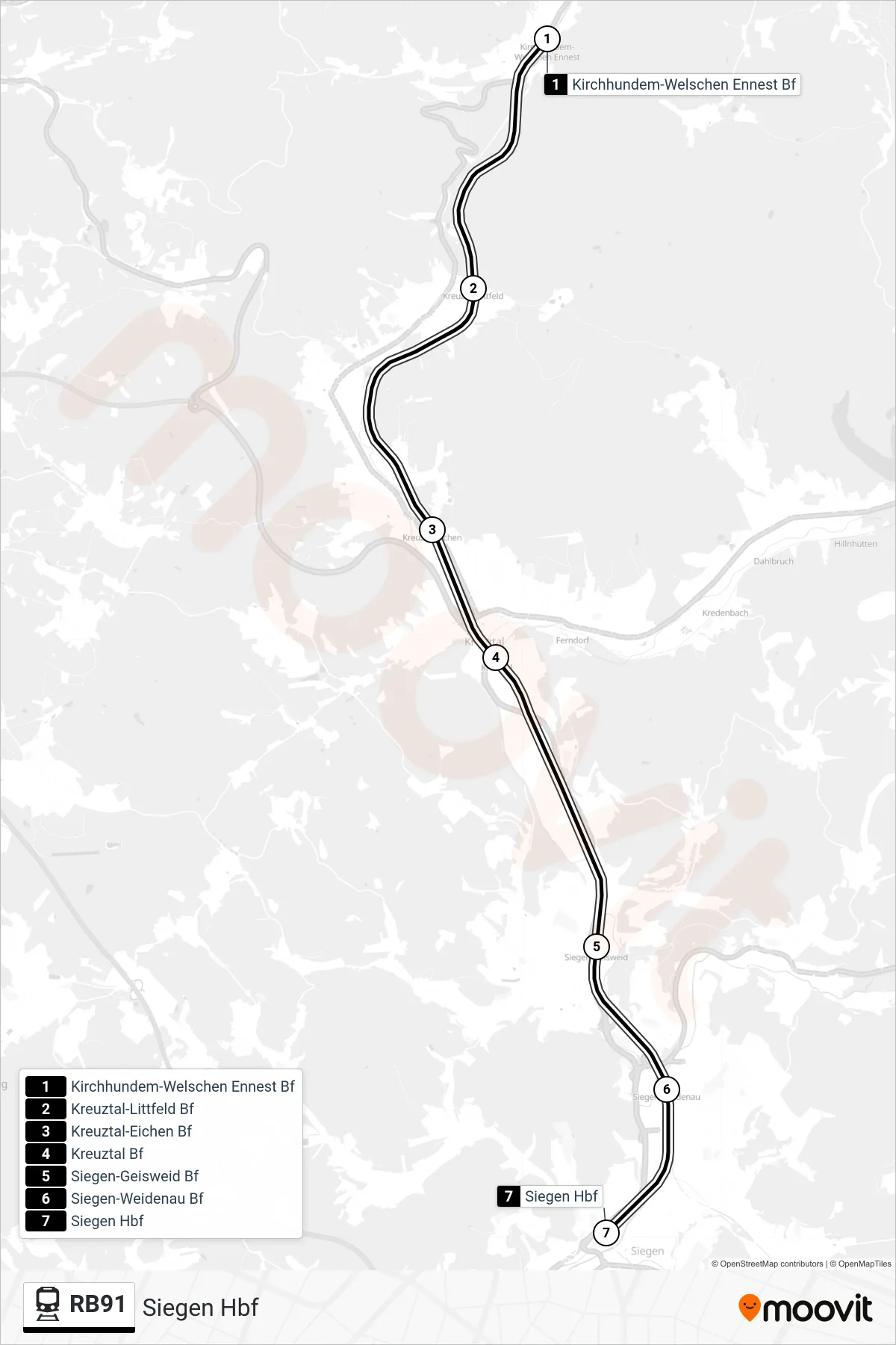 RB91 rail Line (Siegen Hbf) route and stops on a map