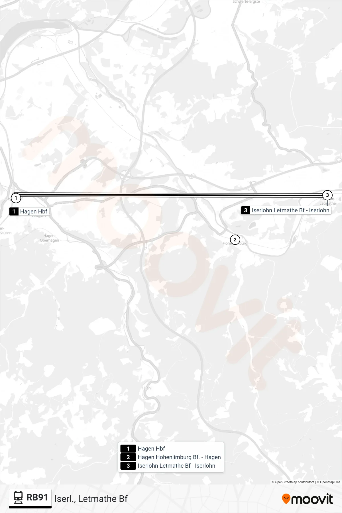 Linie RB91 (Bahn) Richtung Iserl., Letmathe Bf: Route und Haltestellen auf der Karte