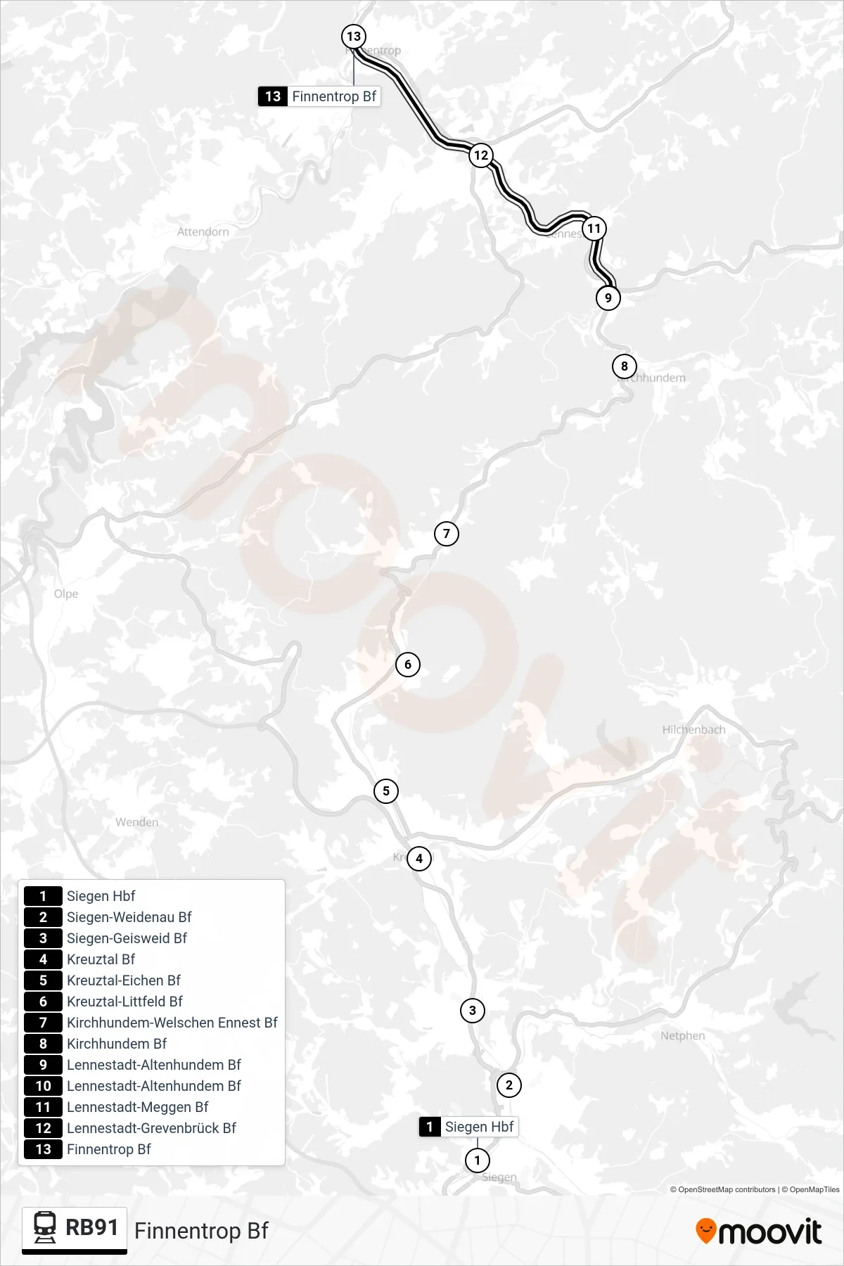 RB91 train Line (Finnentrop Bf) route and stops on a map