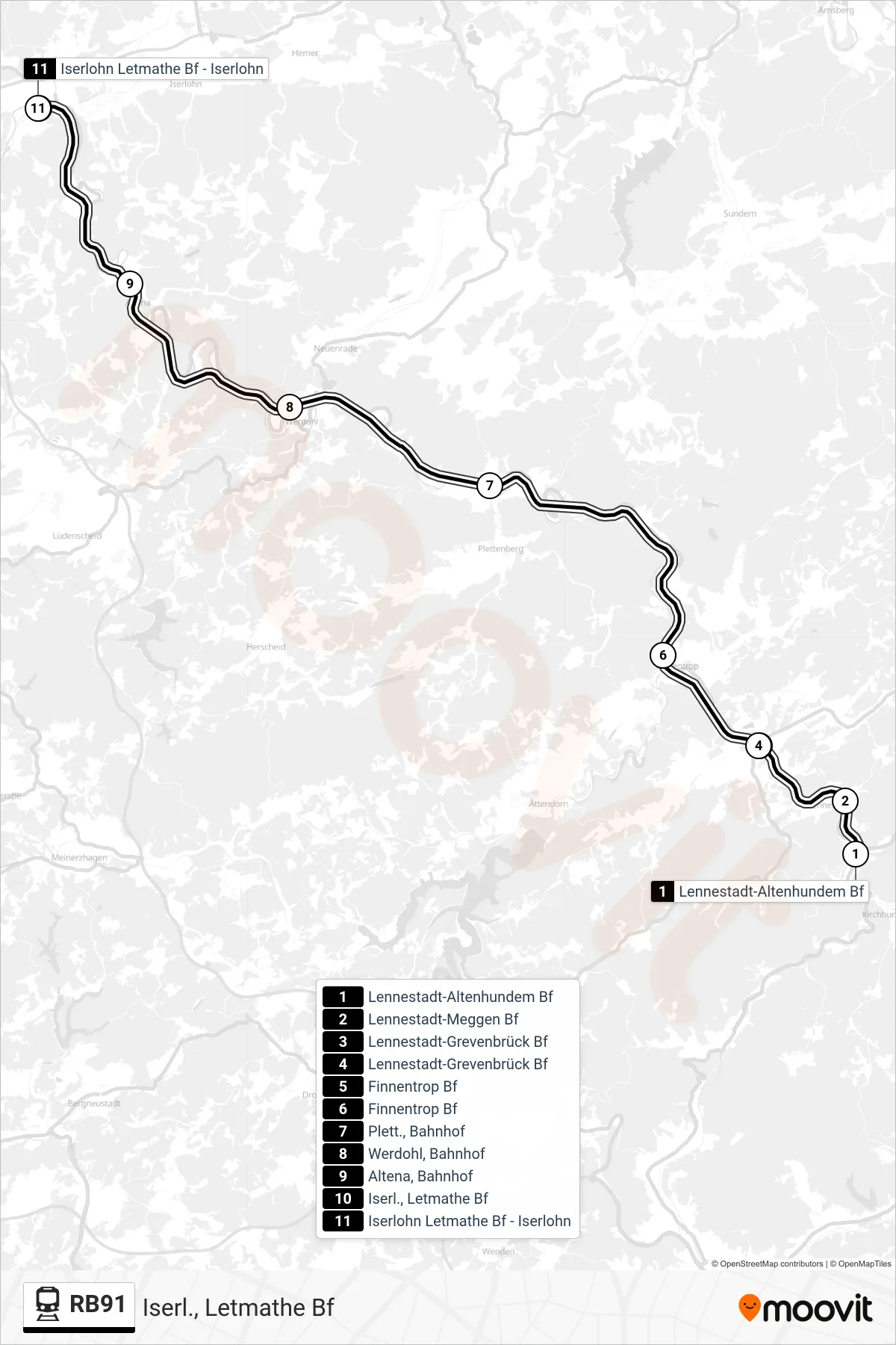 Linie RB91 (Bahn) Richtung Iserl., Letmathe Bf: Route und Haltestellen auf der Karte