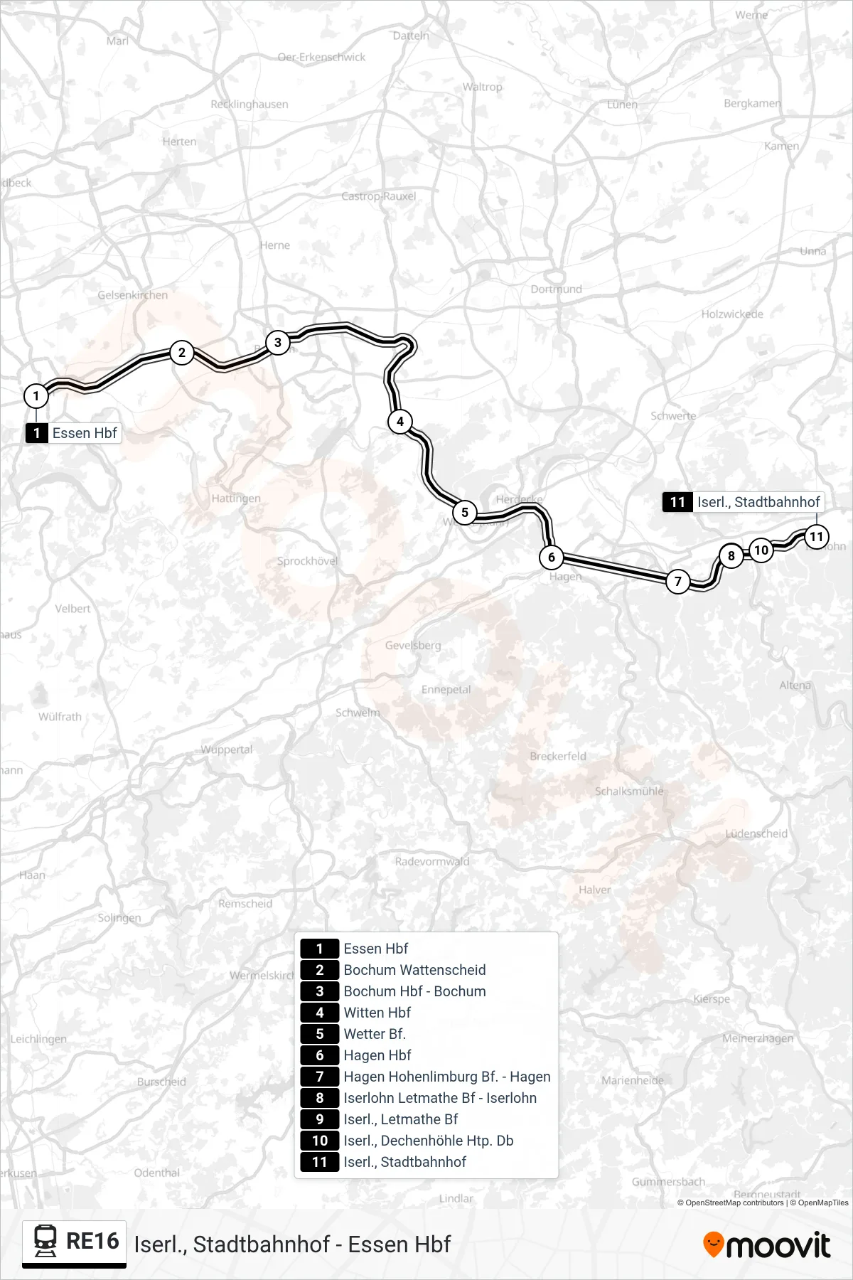 RE16 rail Line (Iserl., Stadtbahnhof) route and stops on a map