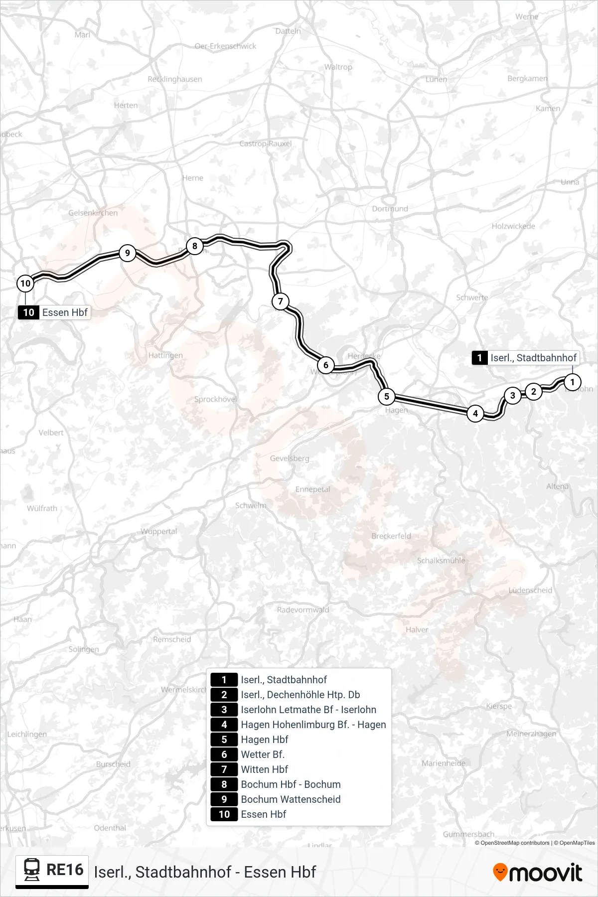 RE16 train Line (Essen Hbf) route and stops on a map