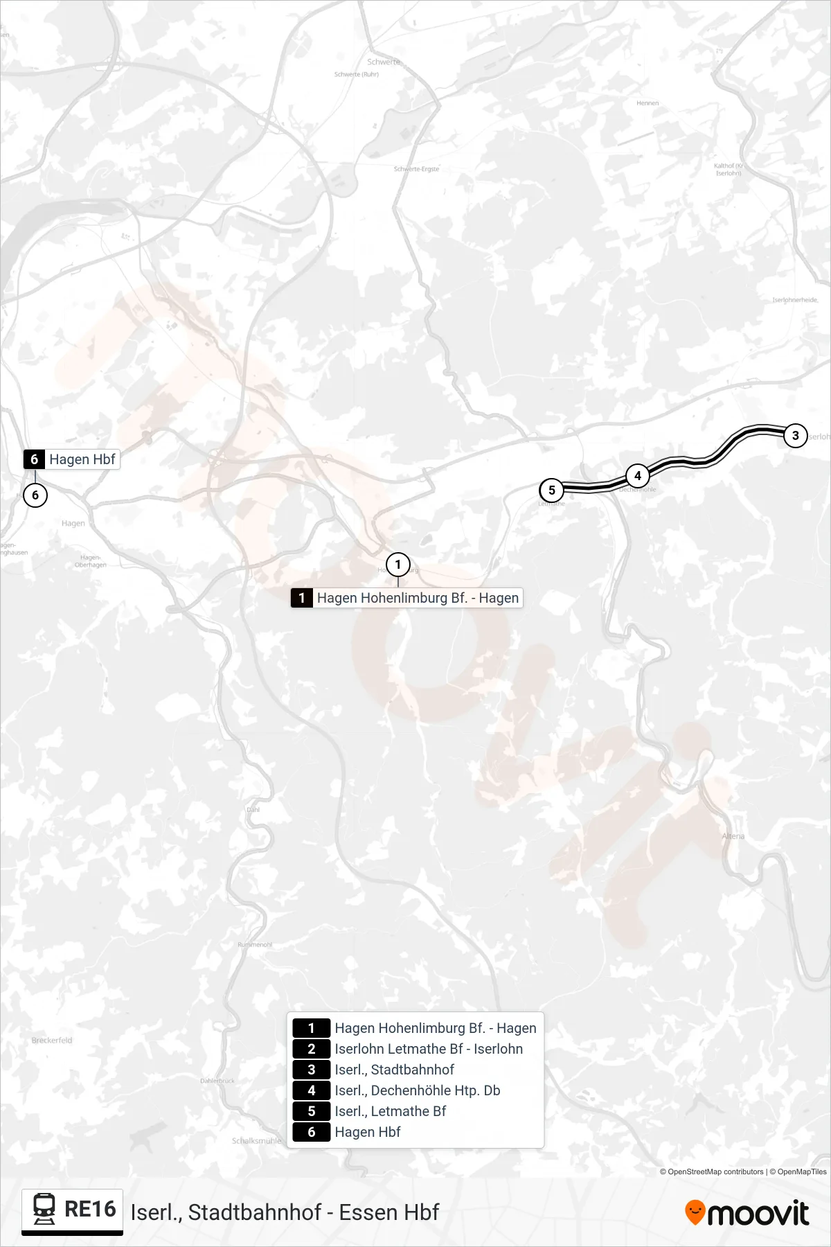 RE16 train Line (Iserl., Letmathe Bf) route and stops on a map