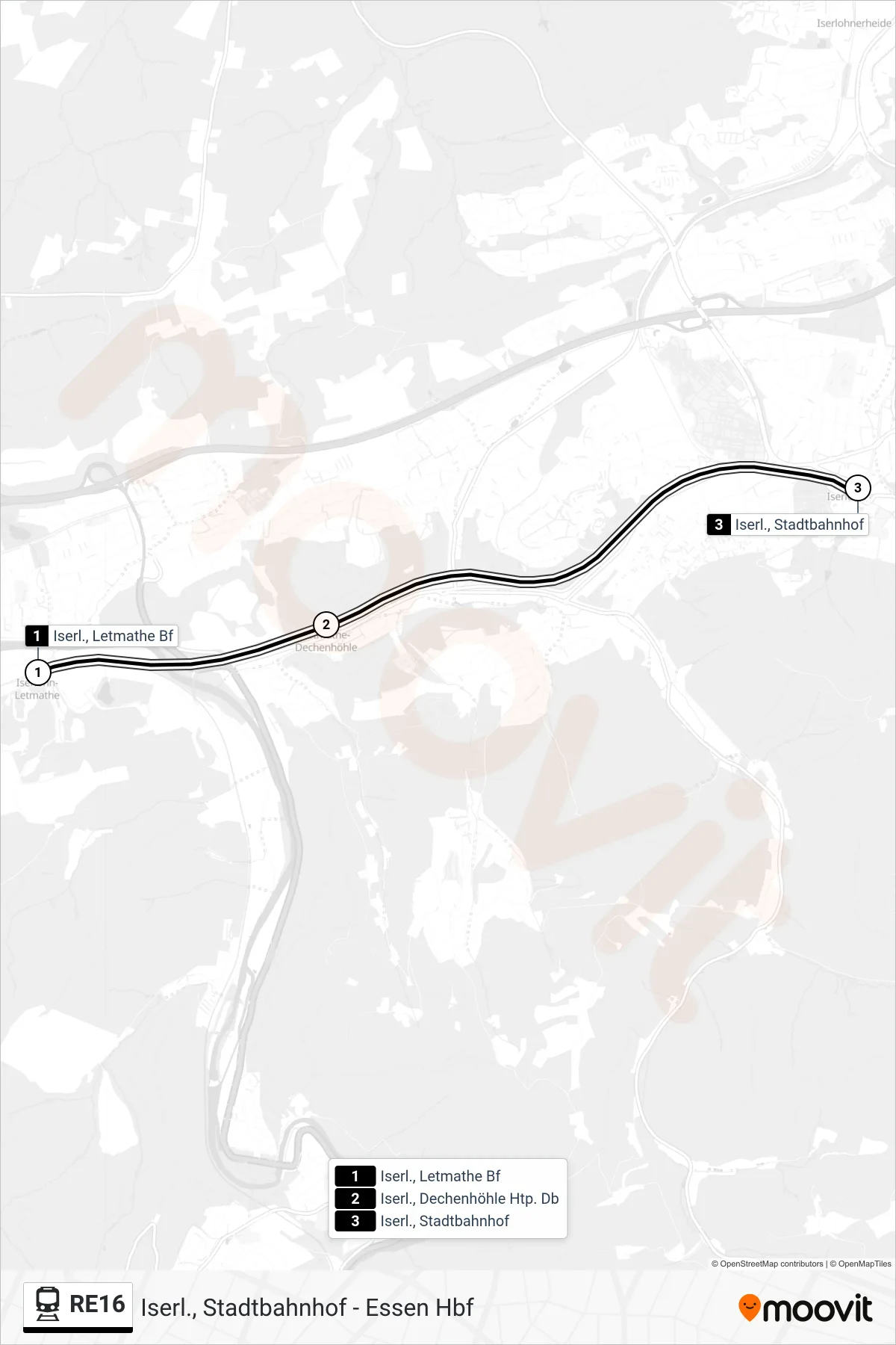 RE16 rail Line (Iserl., Stadtbahnhof) route and stops on a map