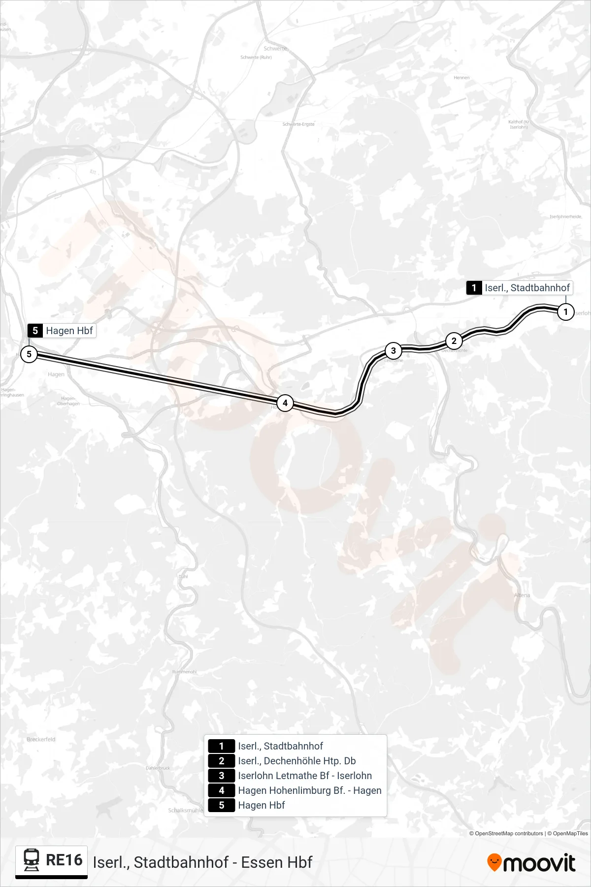 RE16 train Line (Hagen Hbf) route and stops on a map