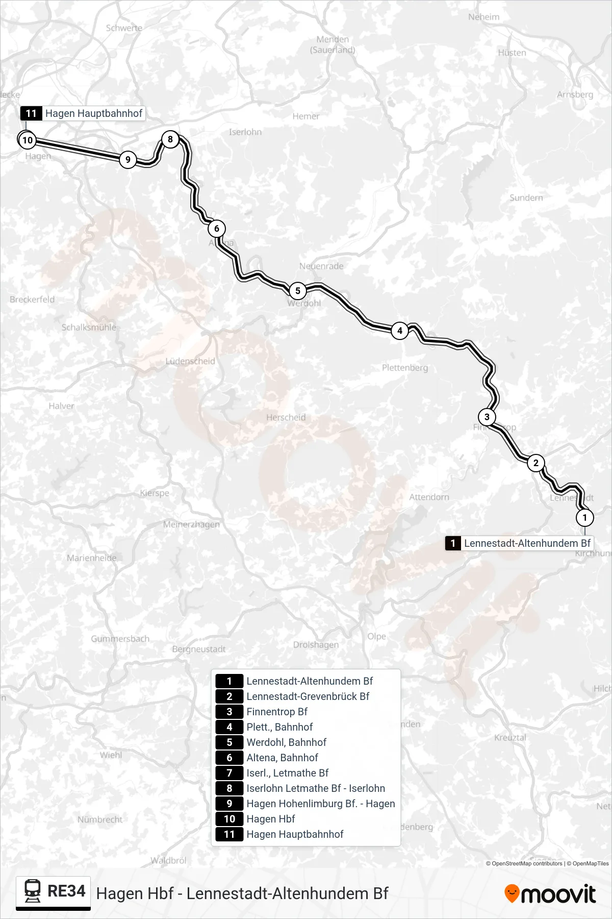 Linie RE34 (Bahn) Richtung Hagen Hbf: Route und Haltestellen auf der Karte