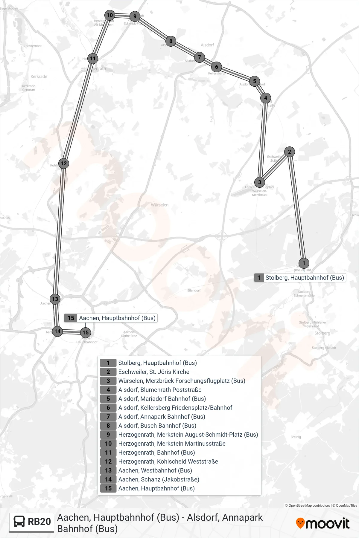 RB20 bus Line (Hauptbahnhof, Aachen) route and stops on a map