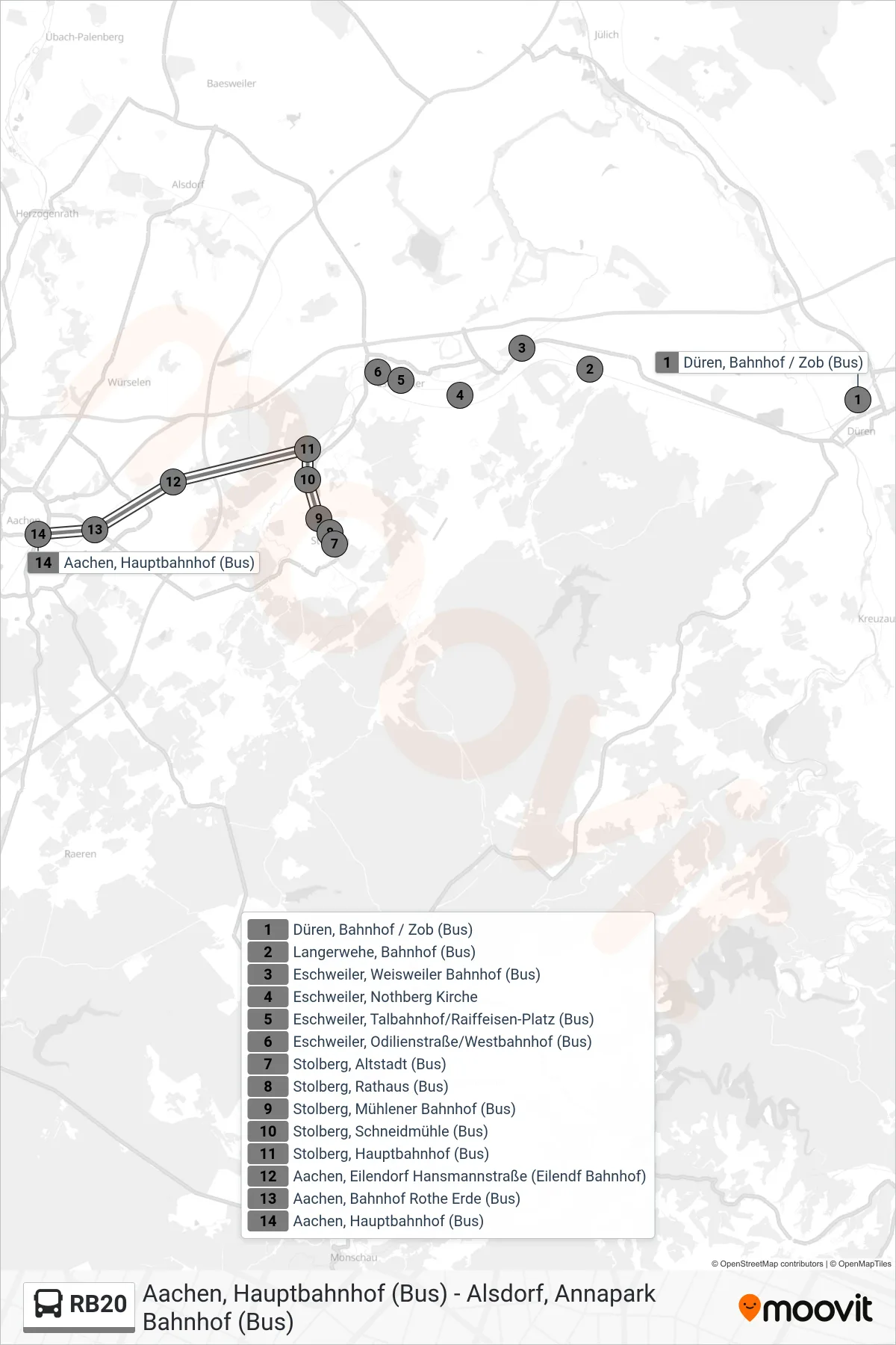 Linie RB20 (Bus) Richtung Hauptbahnhof, Aachen: Route und Haltestellen auf der Karte