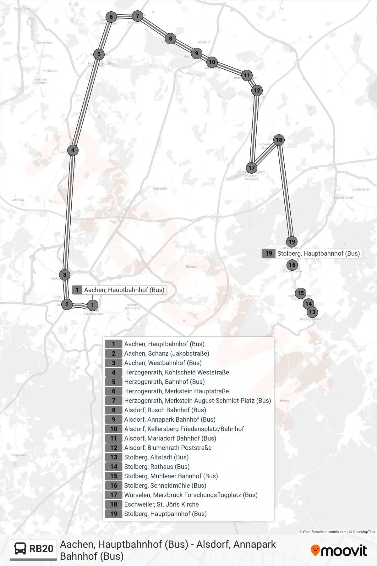 Linie RB20 (Bus) Richtung Hauptbahnhof, Stolberg (Rhld.): Route und Haltestellen auf der Karte