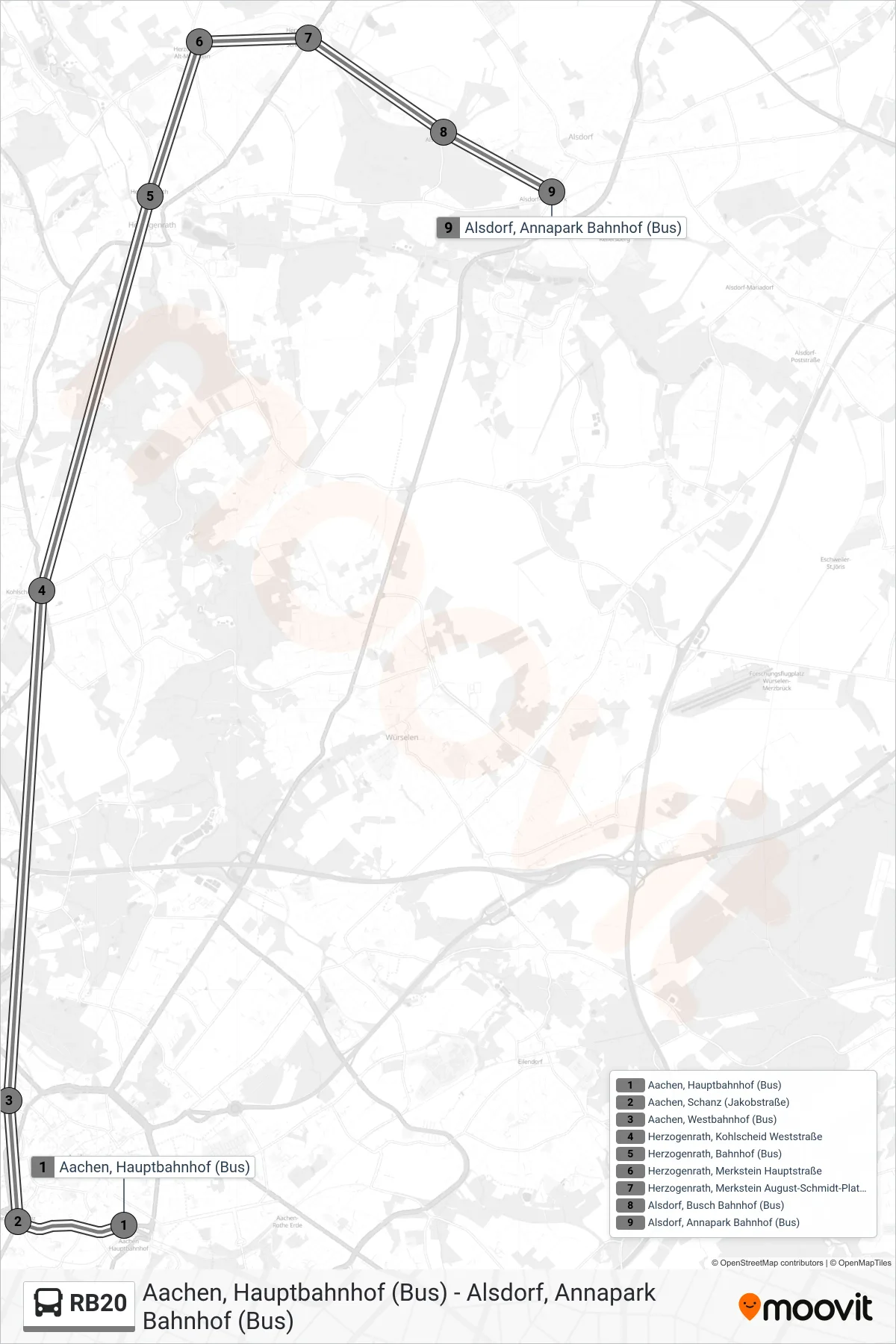 Linie RB20 (Bus) Richtung Annapark, Alsdorf (Rheinland): Route und Haltestellen auf der Karte