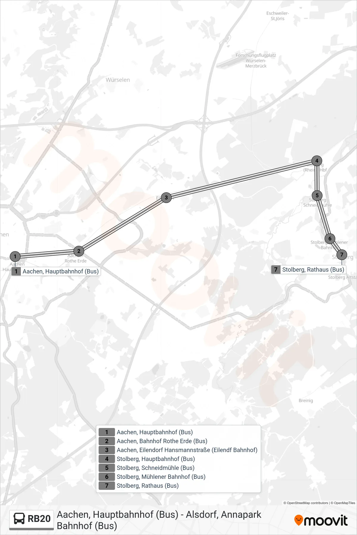 RB20 bus Line (Rathaus, Stolberg (Rhld.)) route and stops on a map