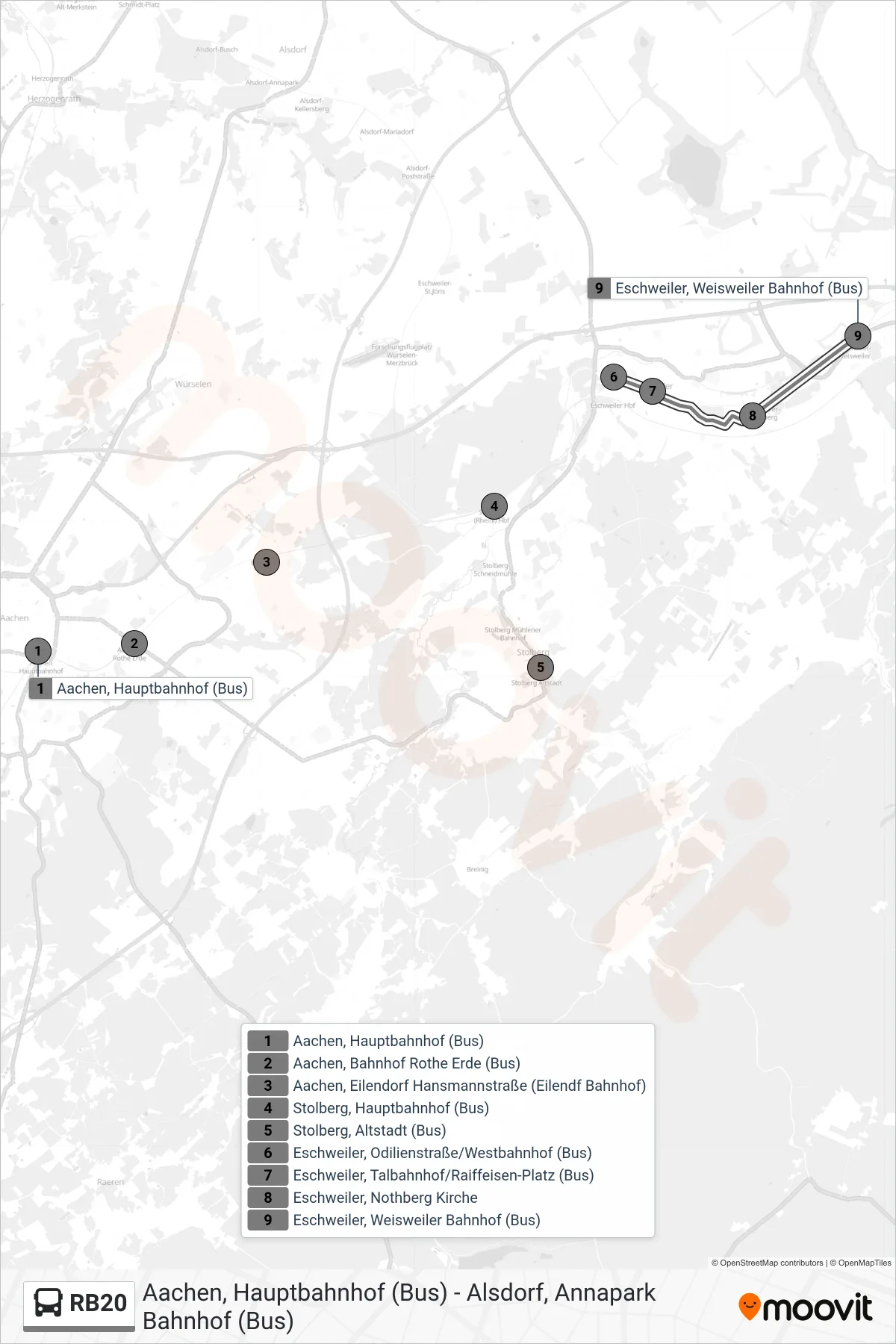 RB20 bus Line (Weisweiler Bahnhof, Eschweiler) route and stops on a map