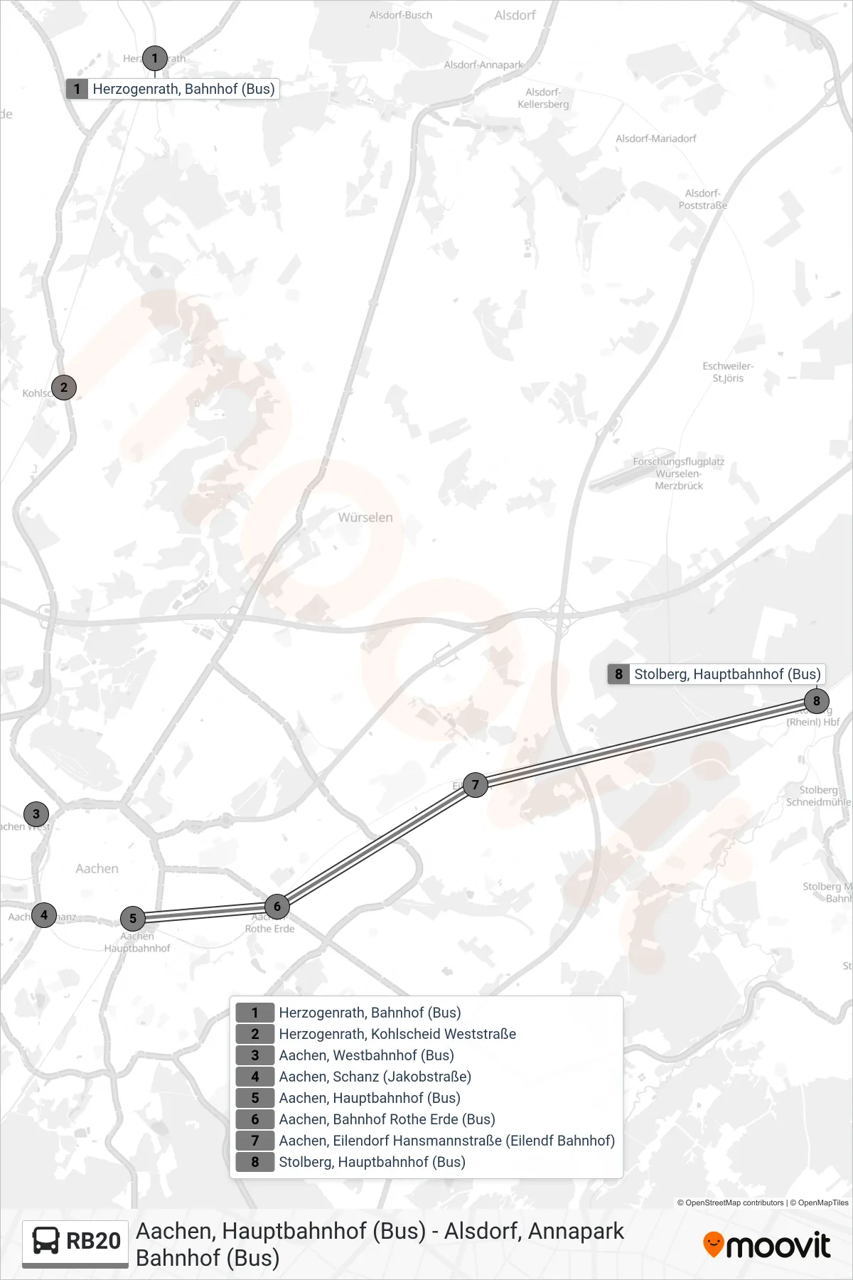 Linie RB20 (Bus) Richtung Hauptbahnhof, Stolberg (Rhld.): Route und Haltestellen auf der Karte