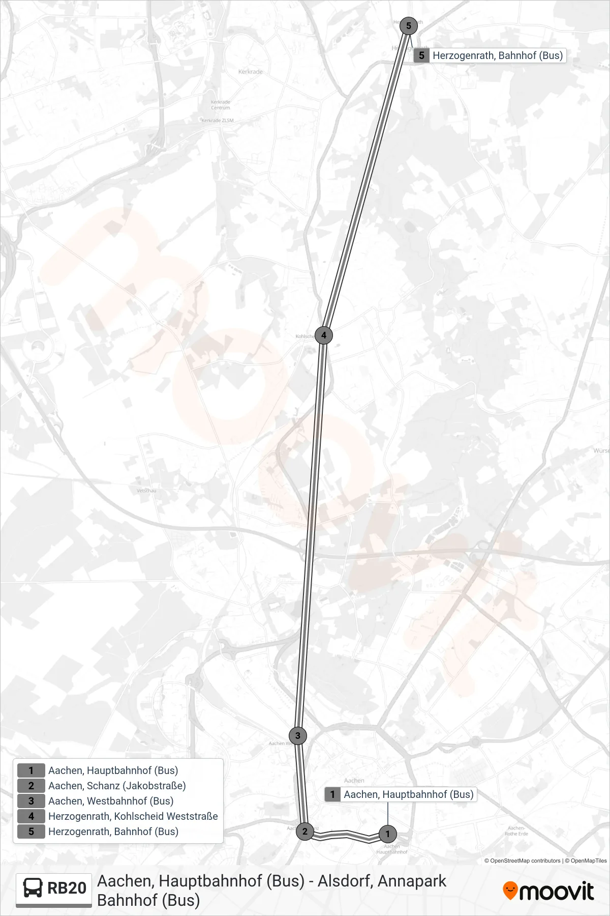 Linie RB20 (Bus) Richtung Bahnhof, Herzogenrath: Route und Haltestellen auf der Karte