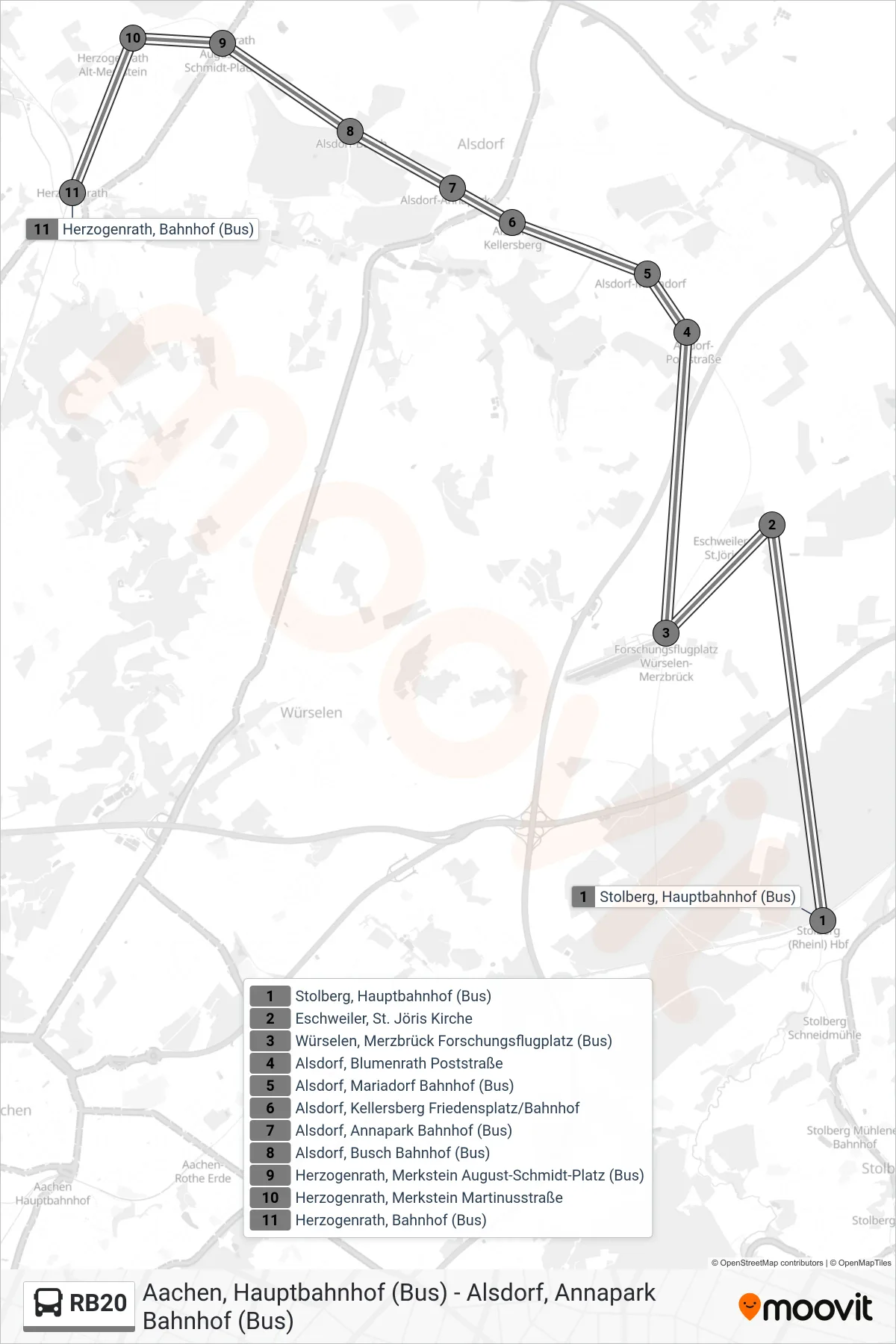Linie RB20 (Bus) Richtung Bahnhof, Herzogenrath: Route und Haltestellen auf der Karte