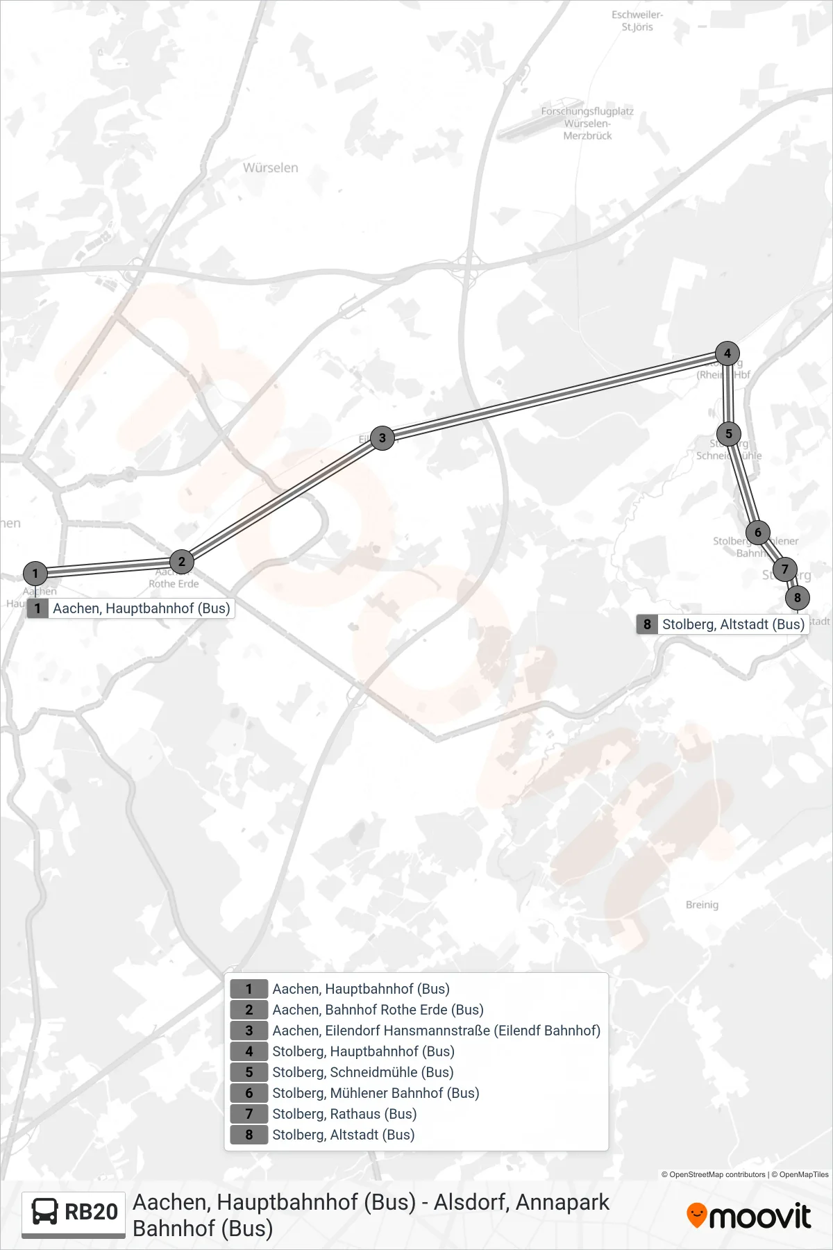 Linie RB20 (Bus) Richtung Altstadt, Stolberg (Rhld.): Route und Haltestellen auf der Karte