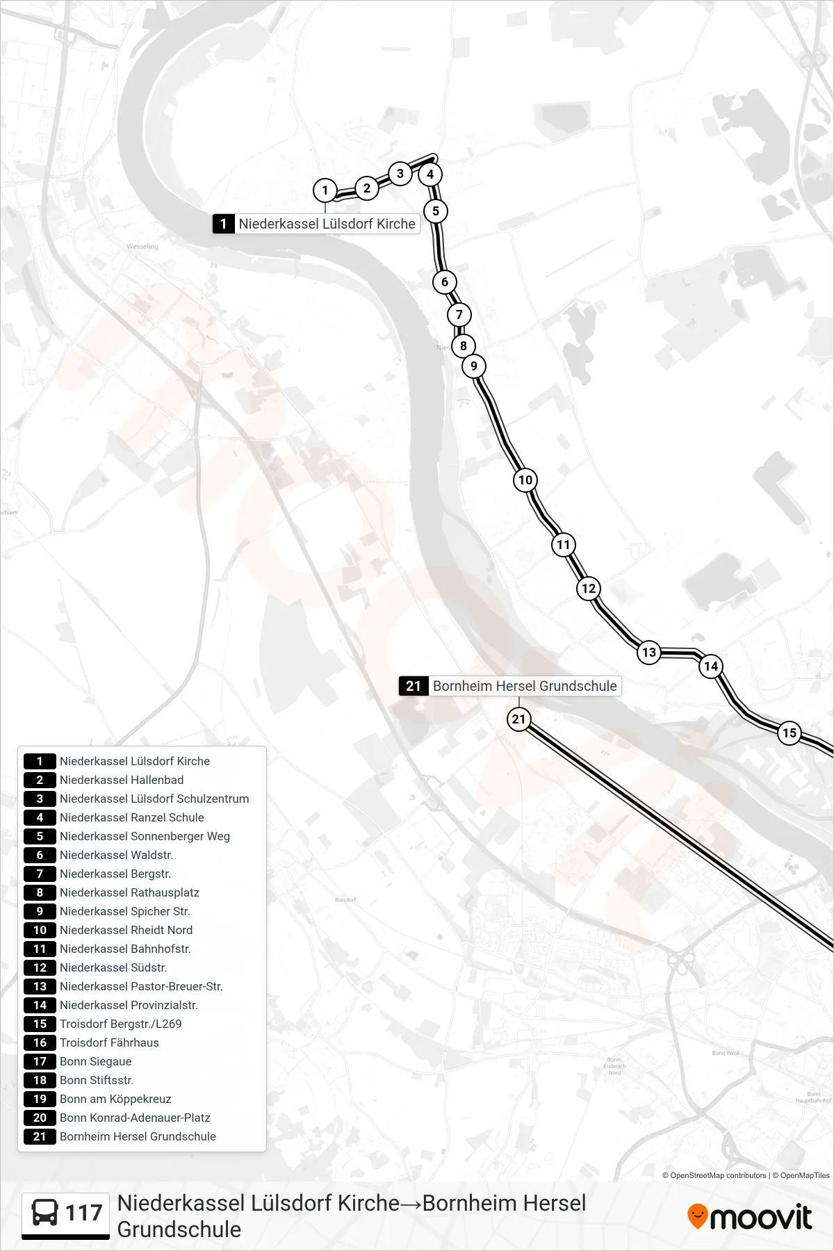 Linie 117 (Bus) Richtung Niederkassel Lülsdorf Kirche→Bornheim Hersel Grundschule: Route und Haltestellen auf der Karte