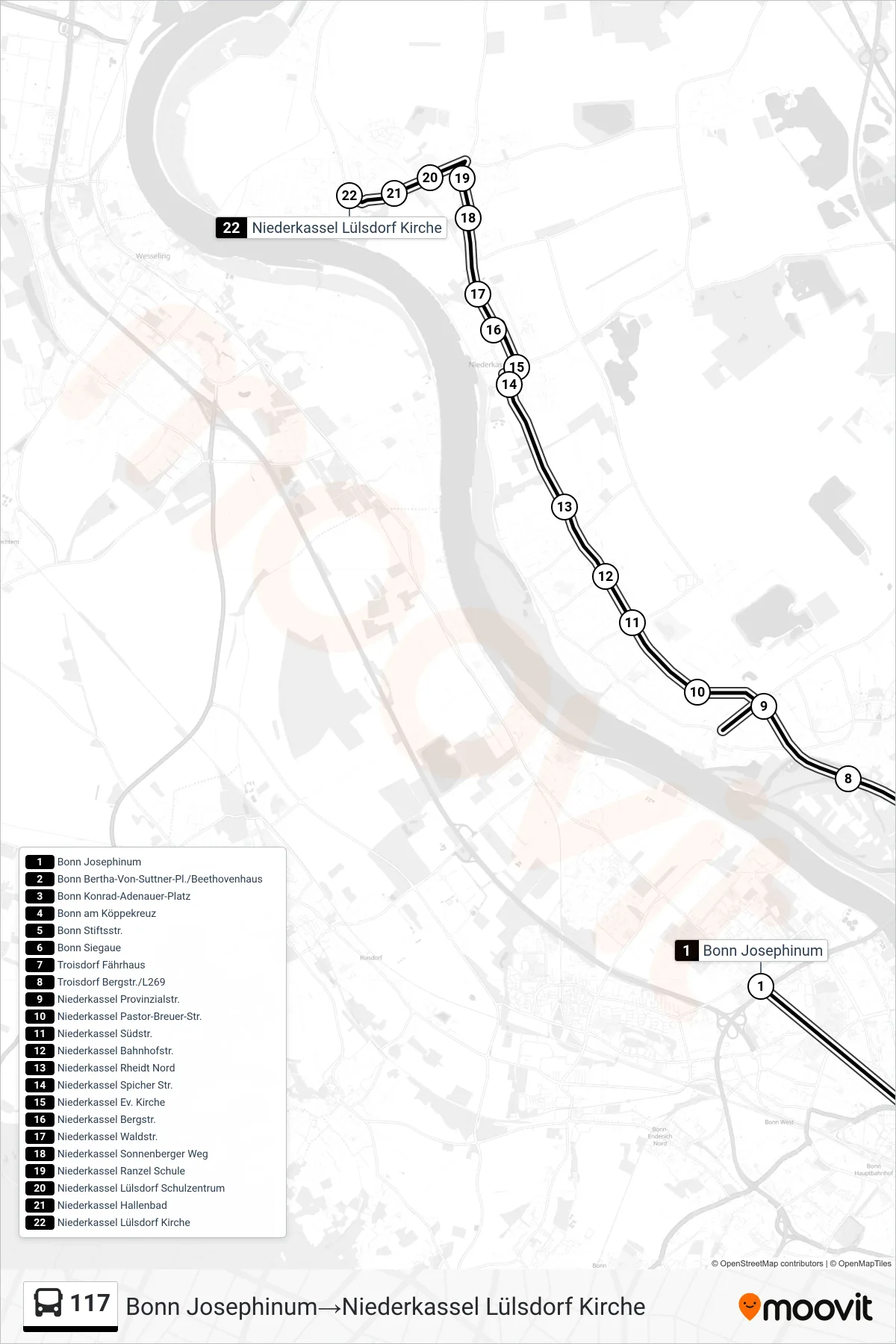 117 bus Line (Bonn Josephinum→Niederkassel Lülsdorf Kirche) route and stops on a map