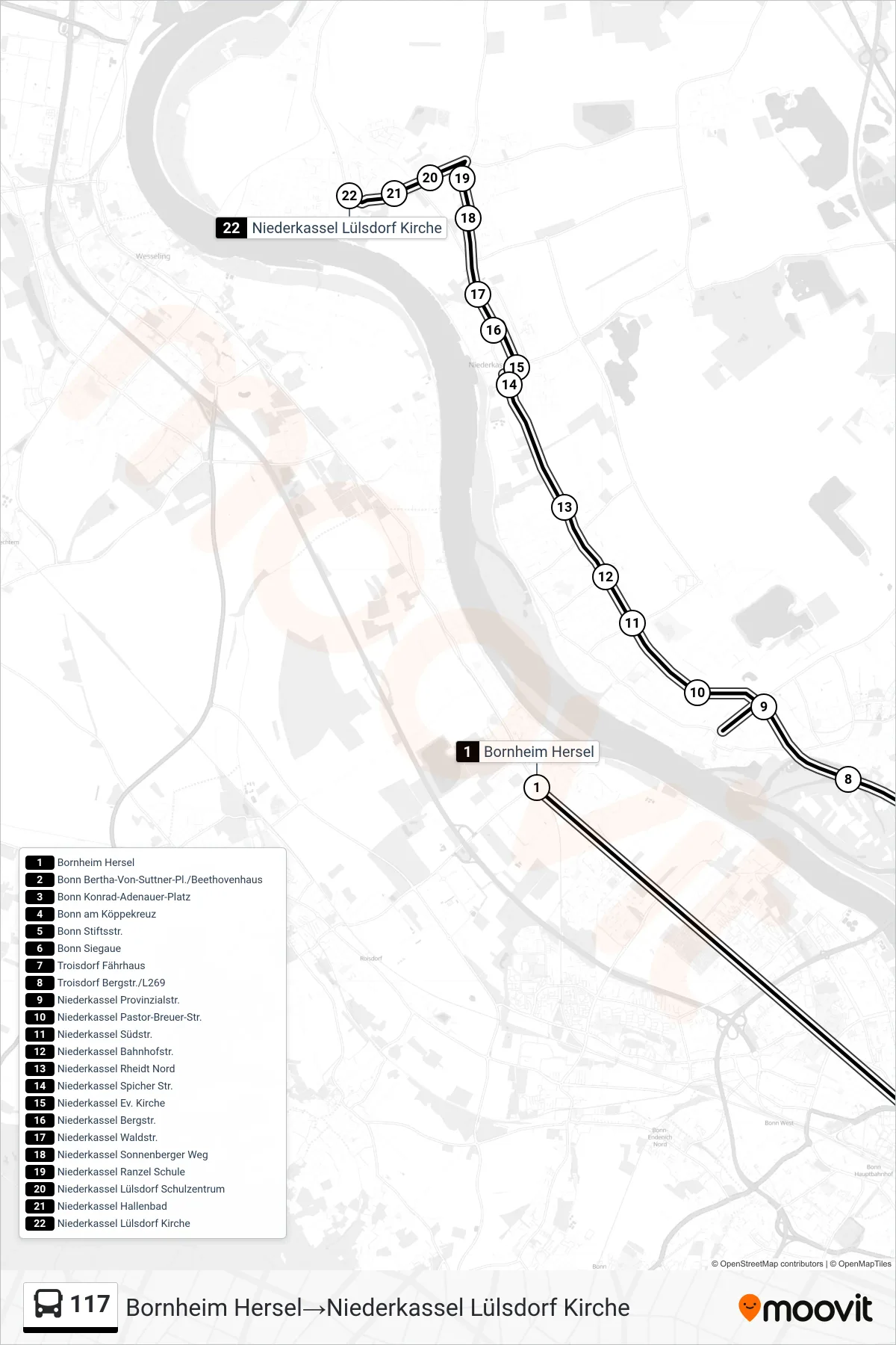 117 bus Line (Bornheim Hersel→Niederkassel Lülsdorf Kirche) route and stops on a map