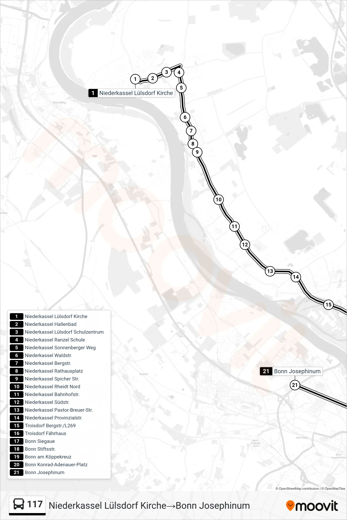 Linie 117 (Bus) Richtung Niederkassel Lülsdorf Kirche‎→Bonn Josephinum: Route und Haltestellen auf der Karte