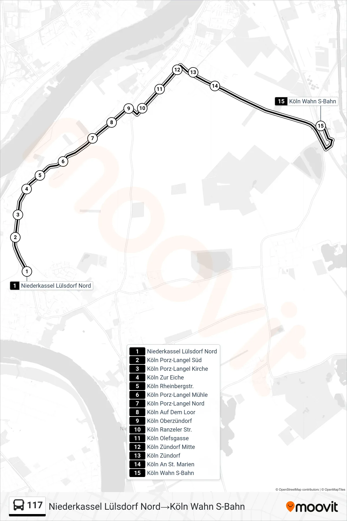 Linie 117 (Bus) Richtung Niederkassel Lülsdorf Nord→Köln Wahn S-Bahn: Route und Haltestellen auf der Karte
