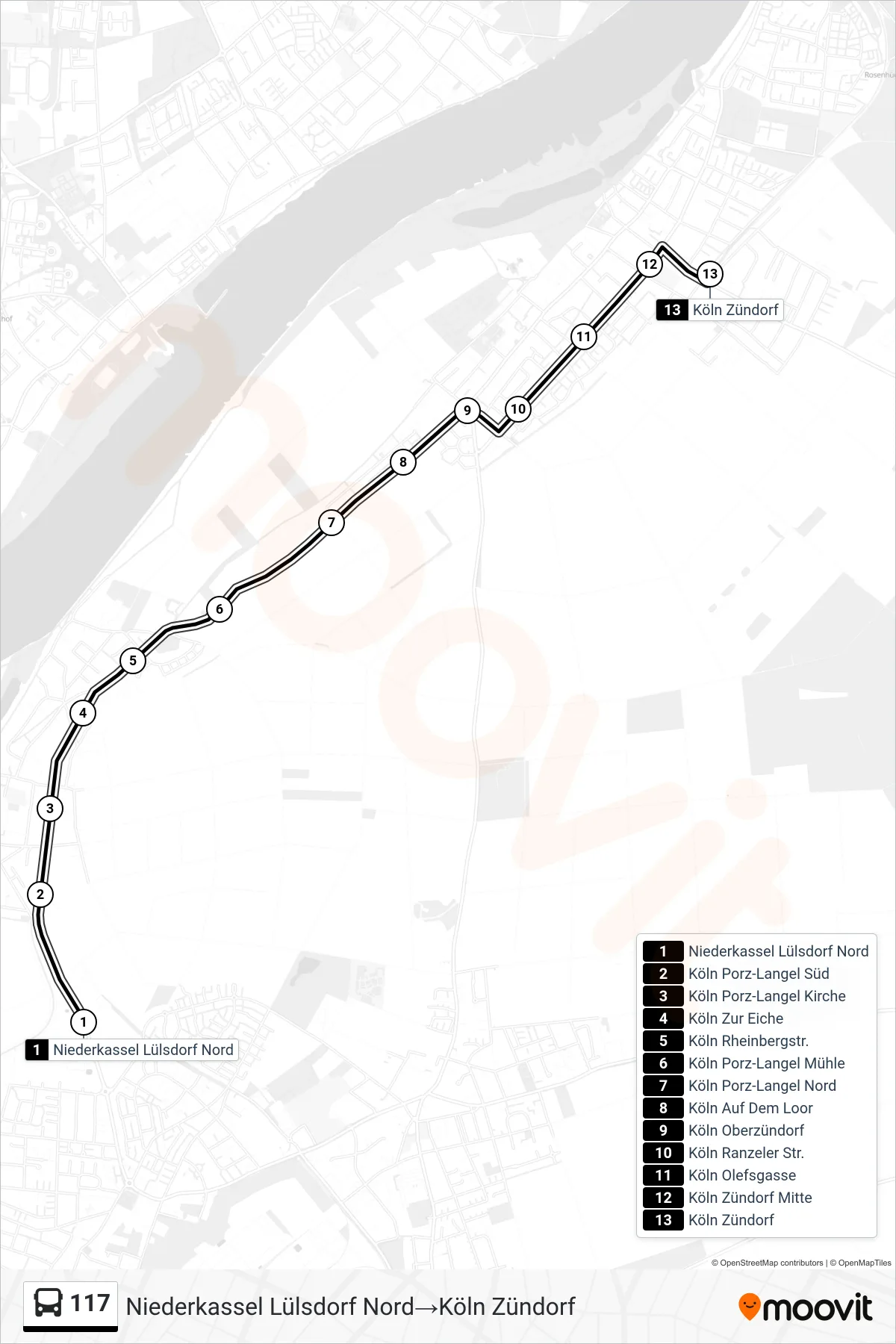 Linie 117 (Bus) Richtung Niederkassel Lülsdorf Nord→Köln Zündorf: Route und Haltestellen auf der Karte