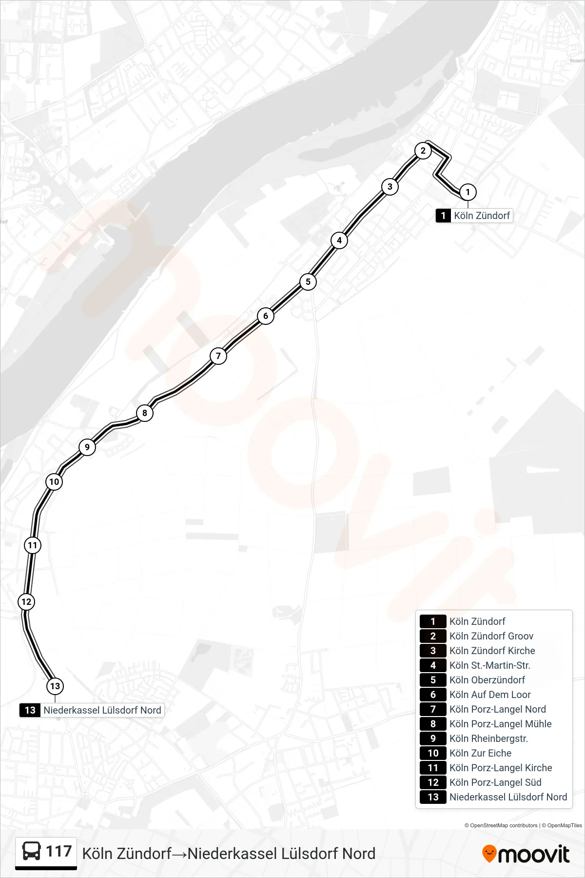117 bus Line (Köln Zündorf→Niederkassel Lülsdorf Nord) route and stops on a map