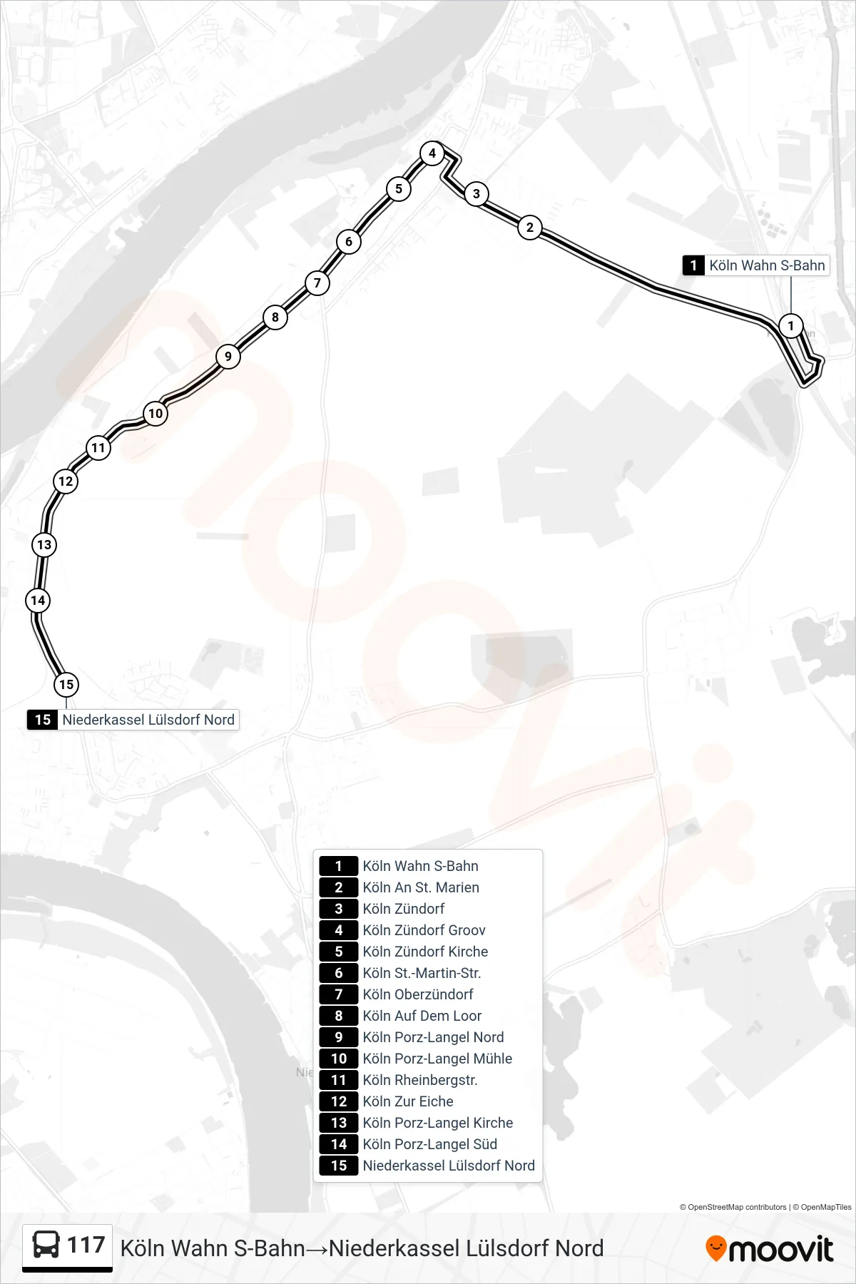 117 bus Line (Köln Wahn S-Bahn→Niederkassel Lülsdorf Nord) route and stops on a map
