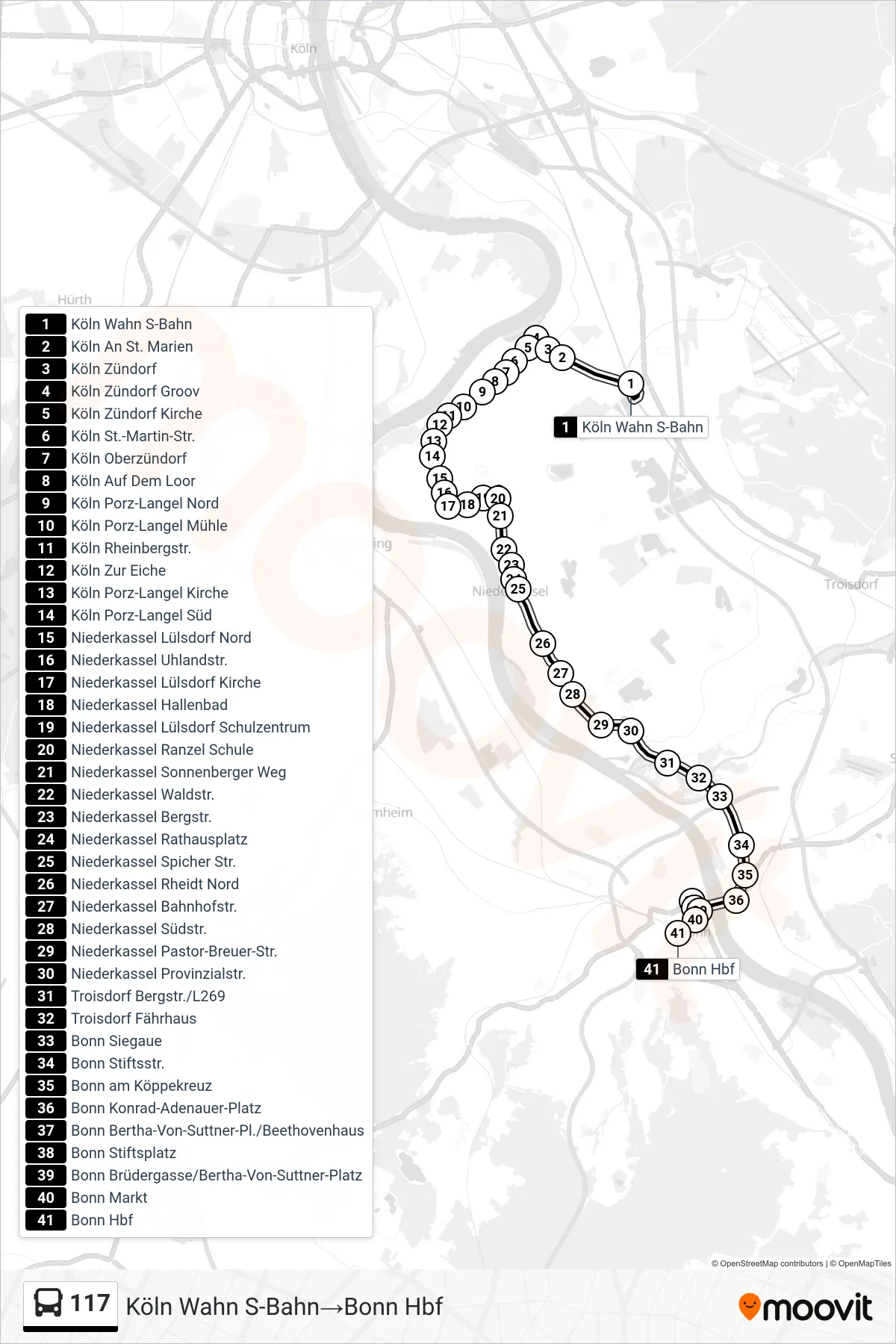 Linie 117 (Bus) Richtung Köln Wahn S-Bahn→Bonn Hbf: Route und Haltestellen auf der Karte