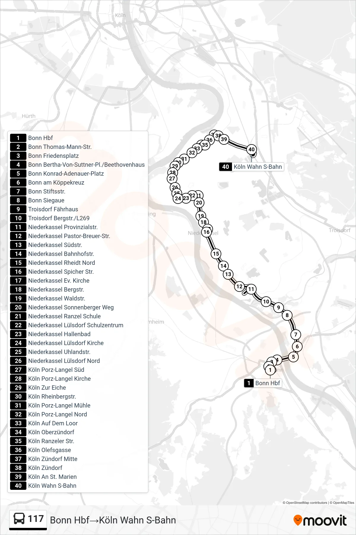 Linie 117 (Bus) Richtung Bonn Hbf‎→Köln Wahn S-Bahn: Route und Haltestellen auf der Karte