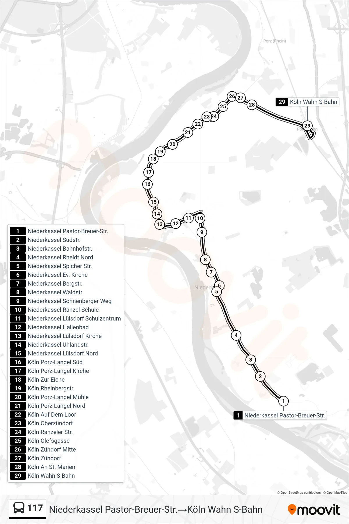 Linie 117 (Bus) Richtung Niederkassel Pastor-Breuer-Str.‎→Köln Wahn S-Bahn: Route und Haltestellen auf der Karte