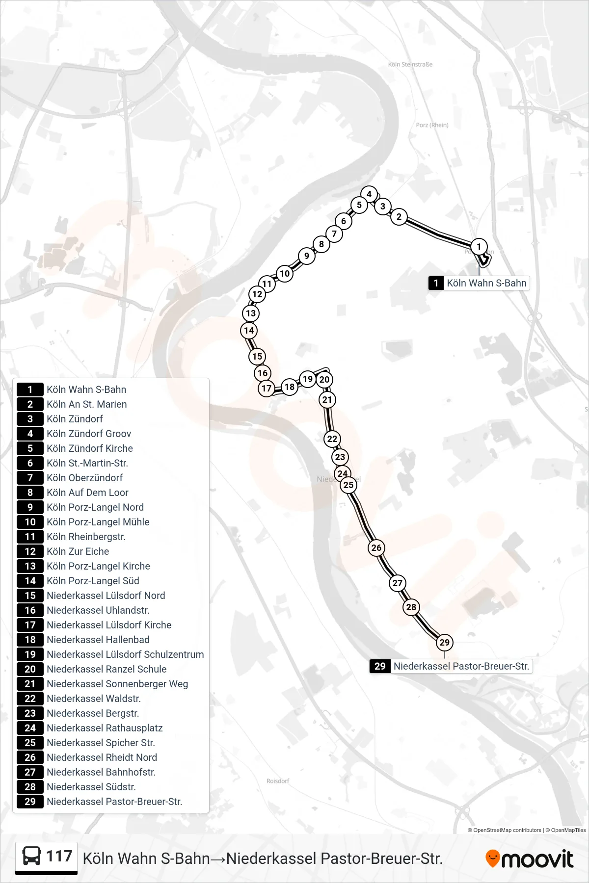 117 bus Line (Köln Wahn S-Bahn→Niederkassel Pastor-Breuer-Str.) route and stops on a map