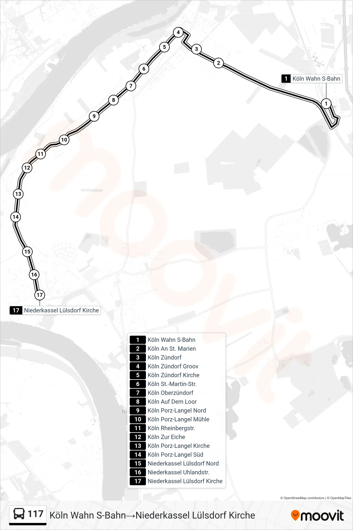 117 bus Line (Köln Wahn S-Bahn→Niederkassel Lülsdorf Kirche) route and stops on a map
