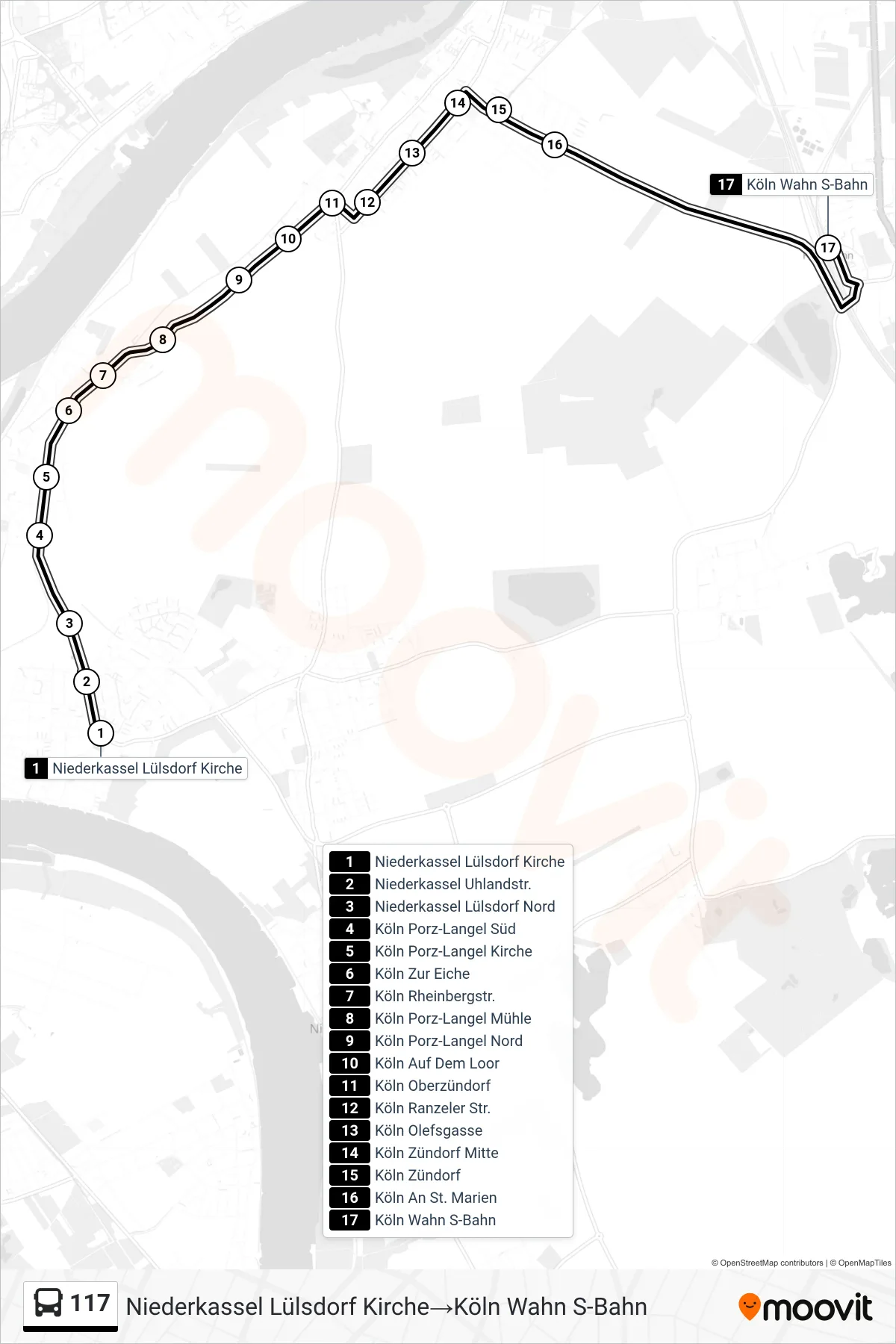 117 bus Line (Niederkassel Lülsdorf Kirche→Köln Wahn S-Bahn) route and stops on a map