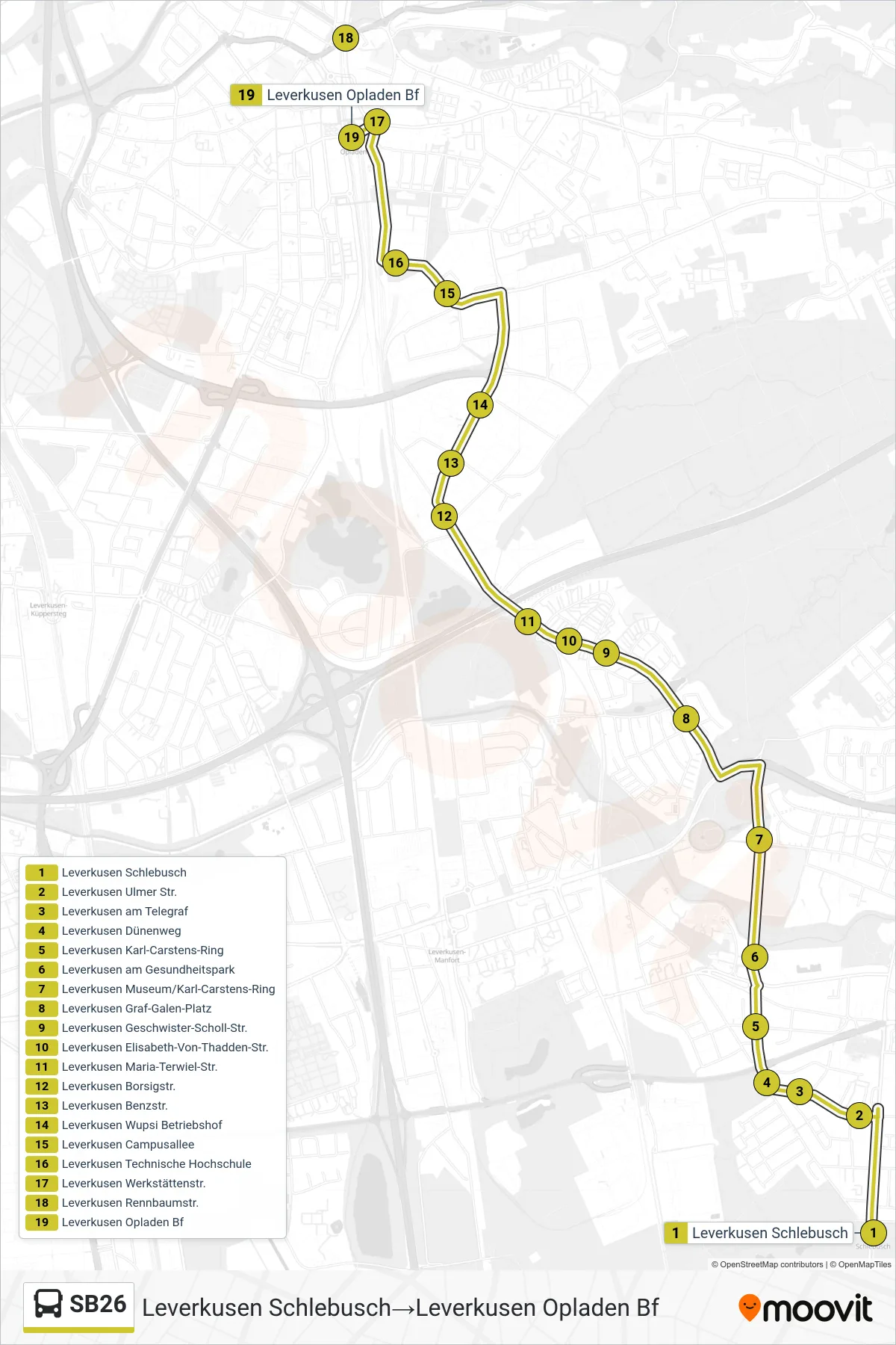 Linie SB26 (Bus) Richtung Leverkusen Schlebusch‎→Leverkusen Opladen Bf: Route und Haltestellen auf der Karte