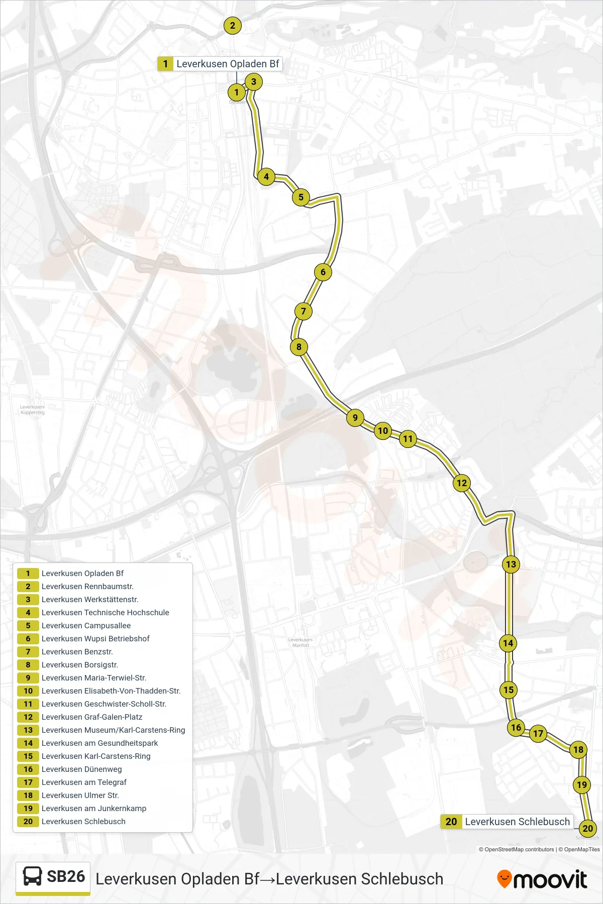 Linie SB26 (Bus) Richtung Leverkusen Opladen Bf→Leverkusen Schlebusch: Route und Haltestellen auf der Karte