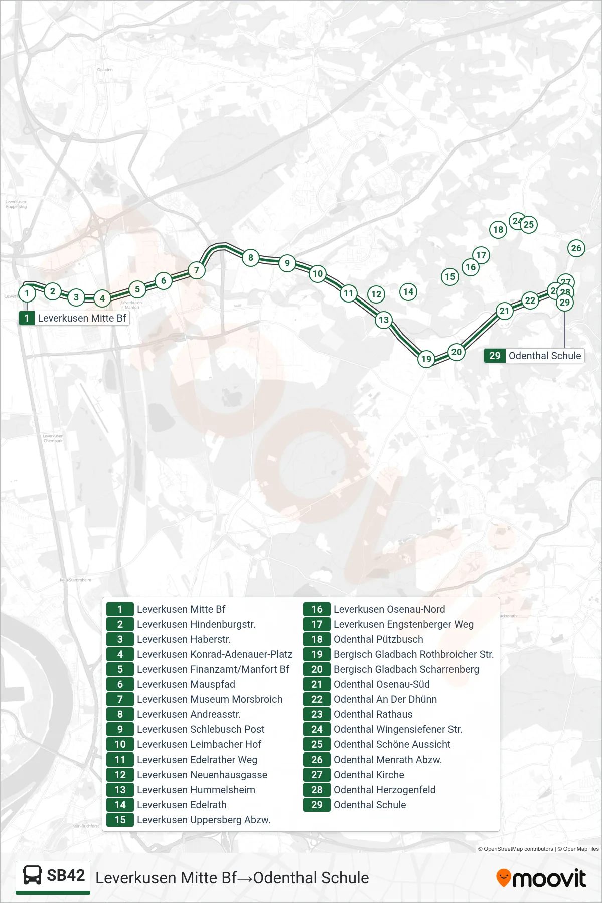 SB42 bus Line (Leverkusen Mitte Bf→Odenthal Schule) route and stops on a map
