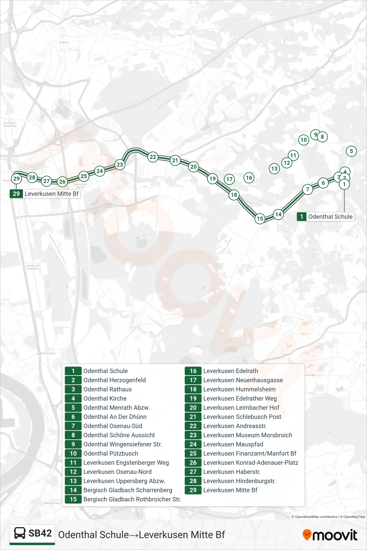 Linie SB42 (Bus) Richtung Odenthal Schule‎→Leverkusen Mitte Bf: Route und Haltestellen auf der Karte