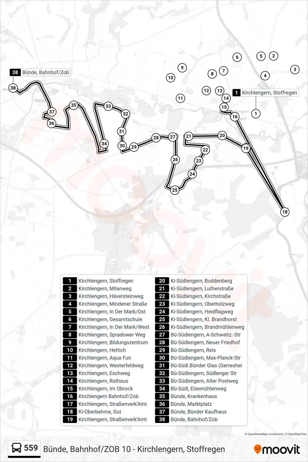 Linie 559 (Bus) Richtung Bünde, Bahnhof/Zob 10: Route und Haltestellen auf der Karte