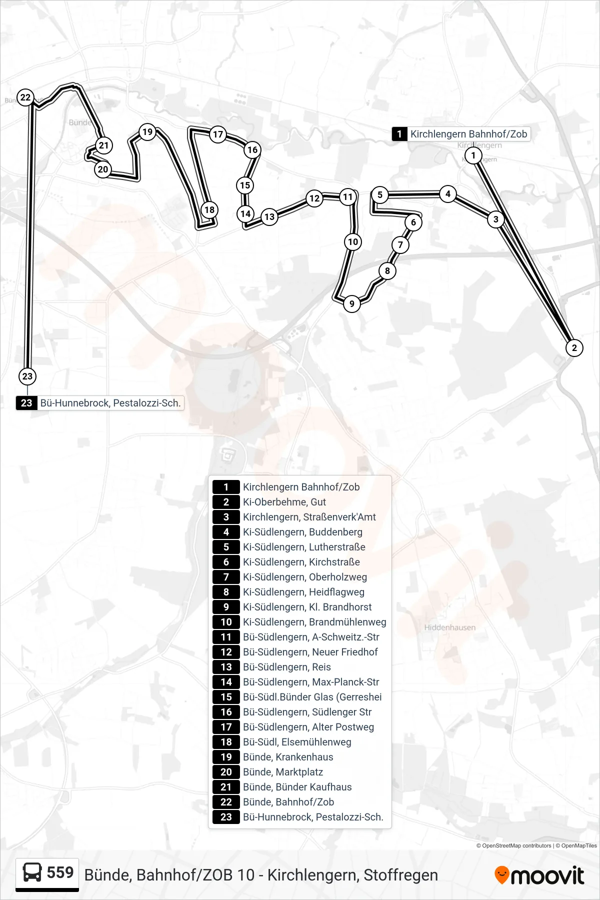 559 bus Line (Bü-Hunnebrock, Pestalozzi-Sch.) route and stops on a map