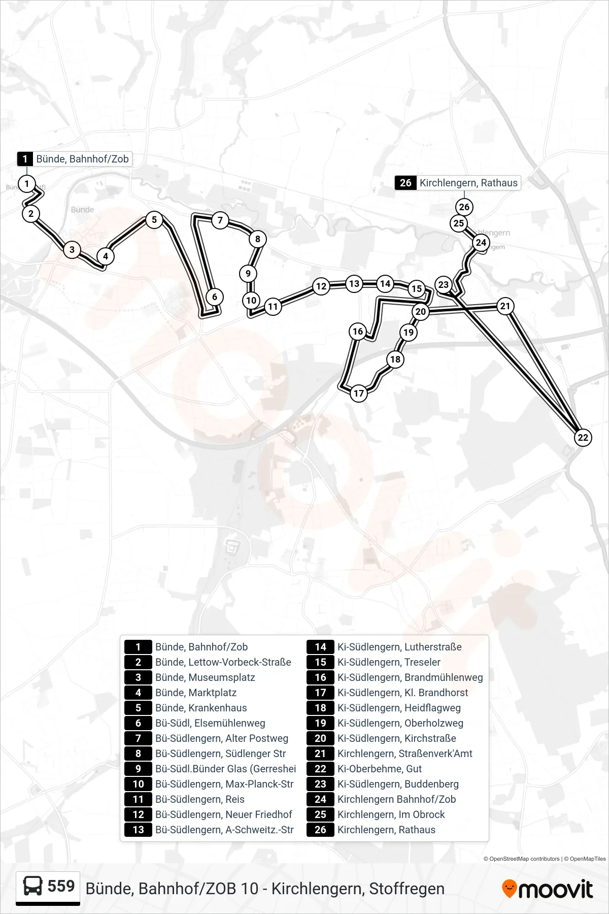 559 bus Line (Kirchlengern, Rathaus) route and stops on a map