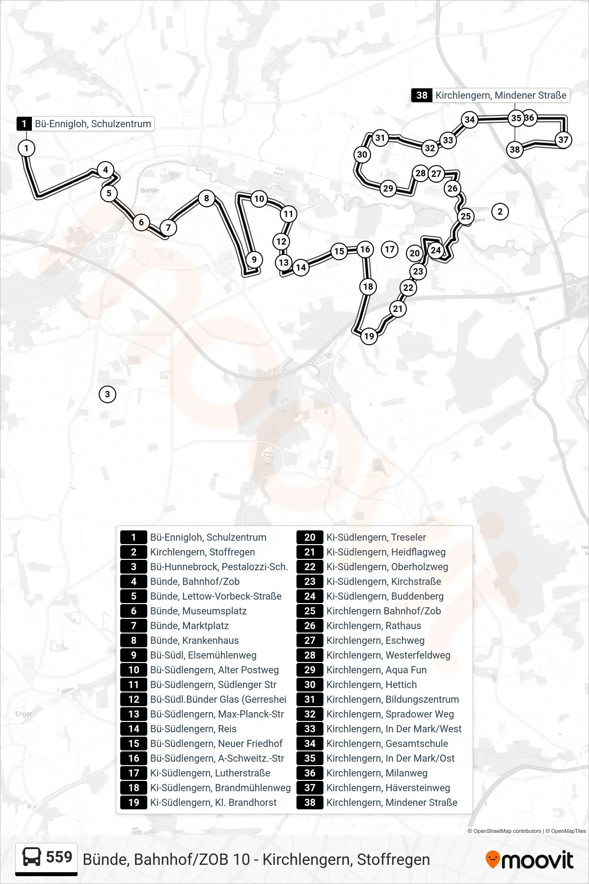 559 bus Line (Kirchlengern, Mindener Straße) route and stops on a map