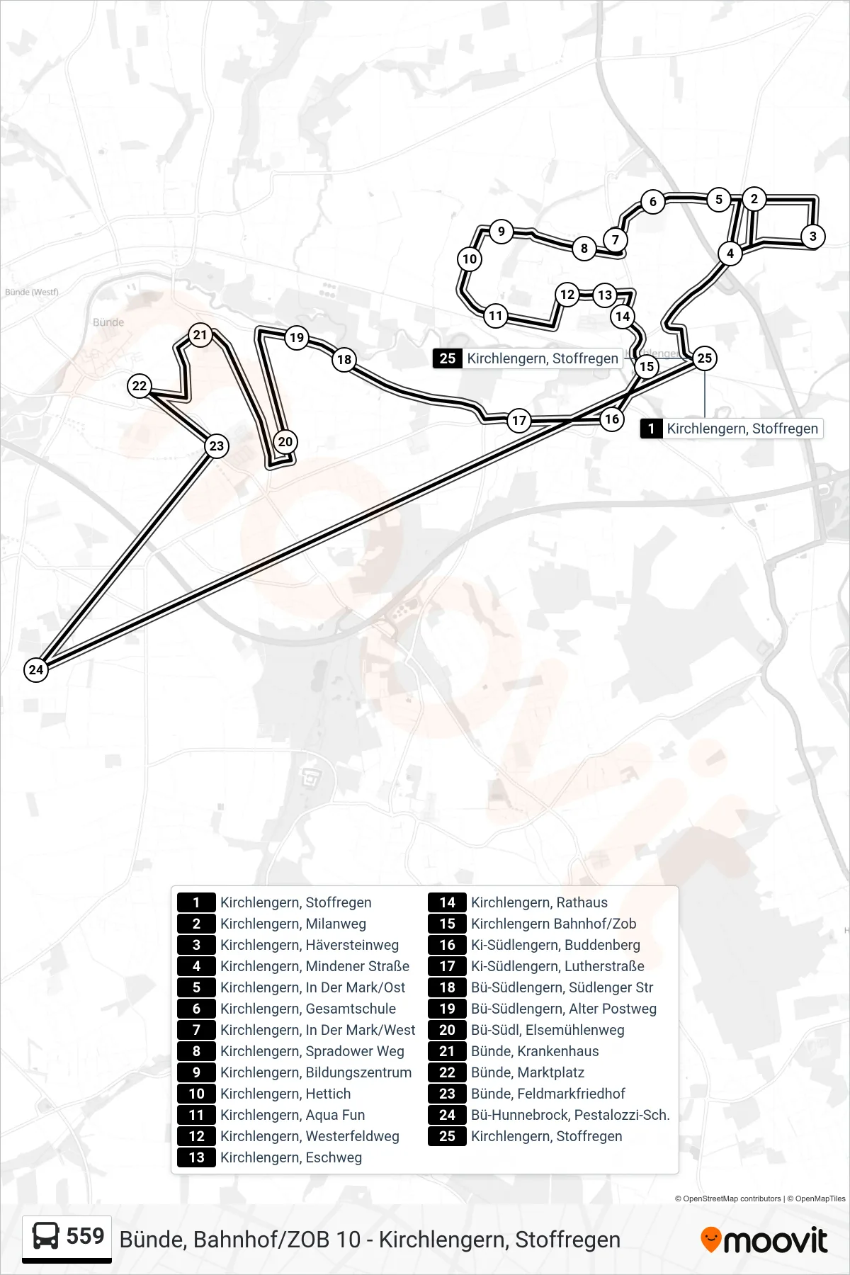 559 bus Line (Kirchlengern, Stoffregen) route and stops on a map